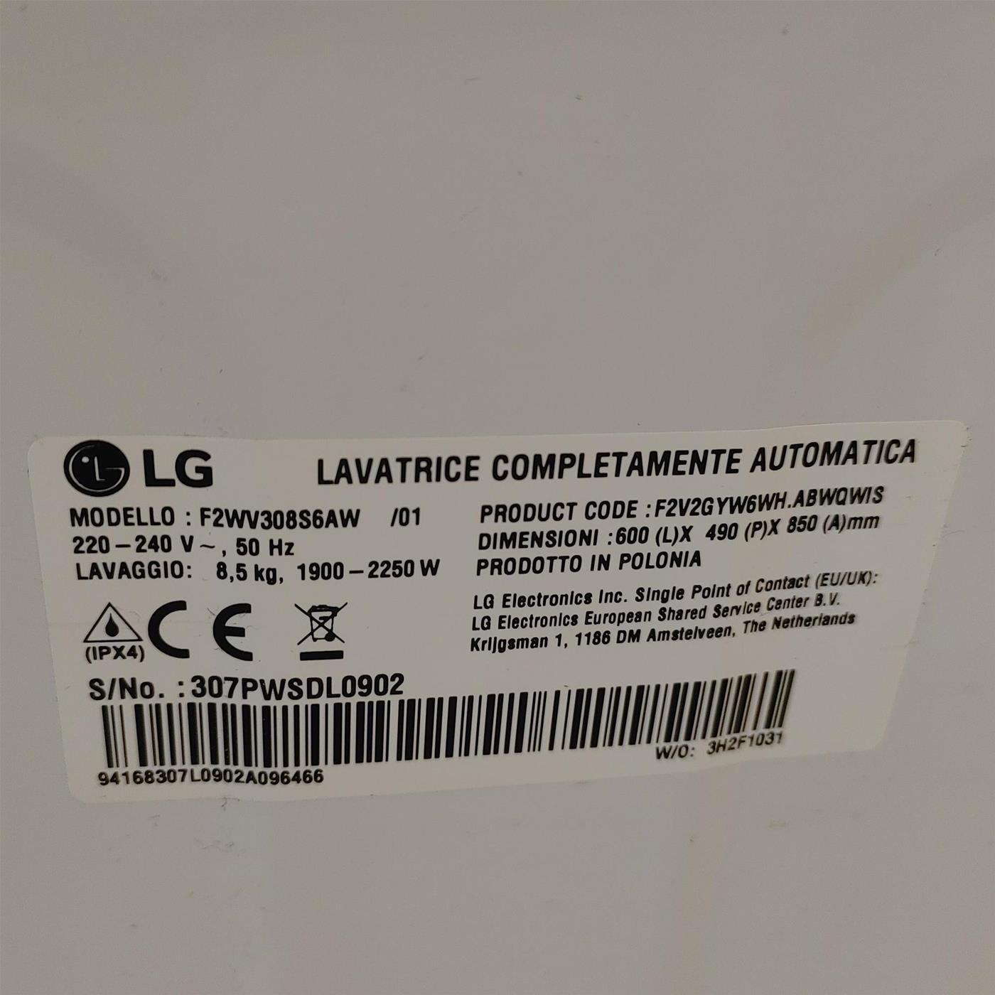 Lavatrice LG F2WV308NEW3 Carica frontale 8,5 kg 1200 Giri/min Bianco