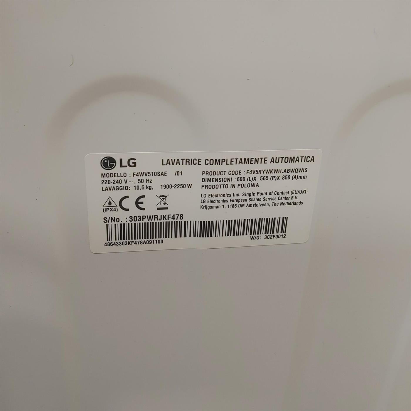 LG F4WV510SAE lavatrice Caricamento frontale 10 kg 1400 Giri/min A Bianco