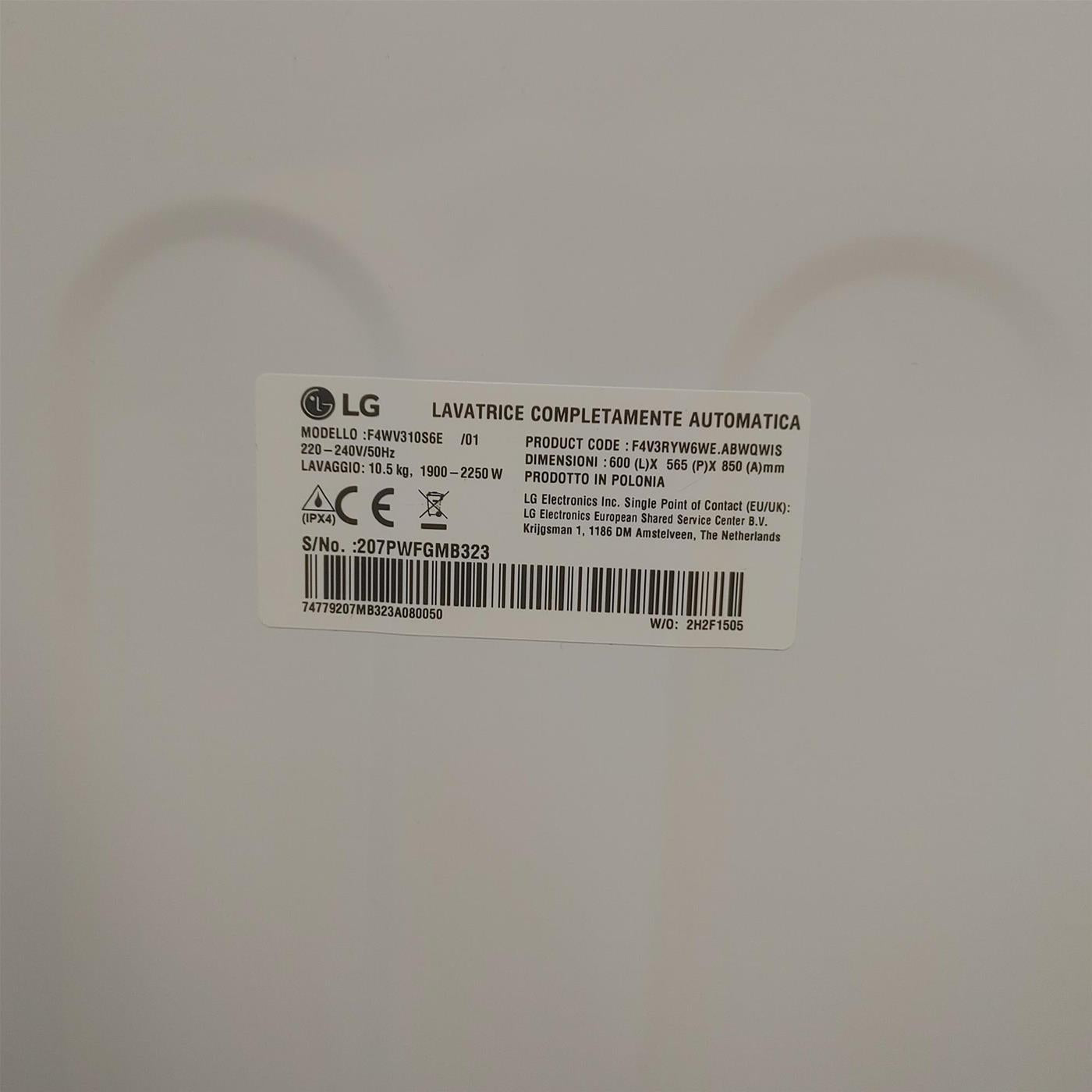 LG F4WV310S6E Lavatrice Intelligente AIDD 10,5kg Vapore 1400 Giri/min Carica frontale Classe B