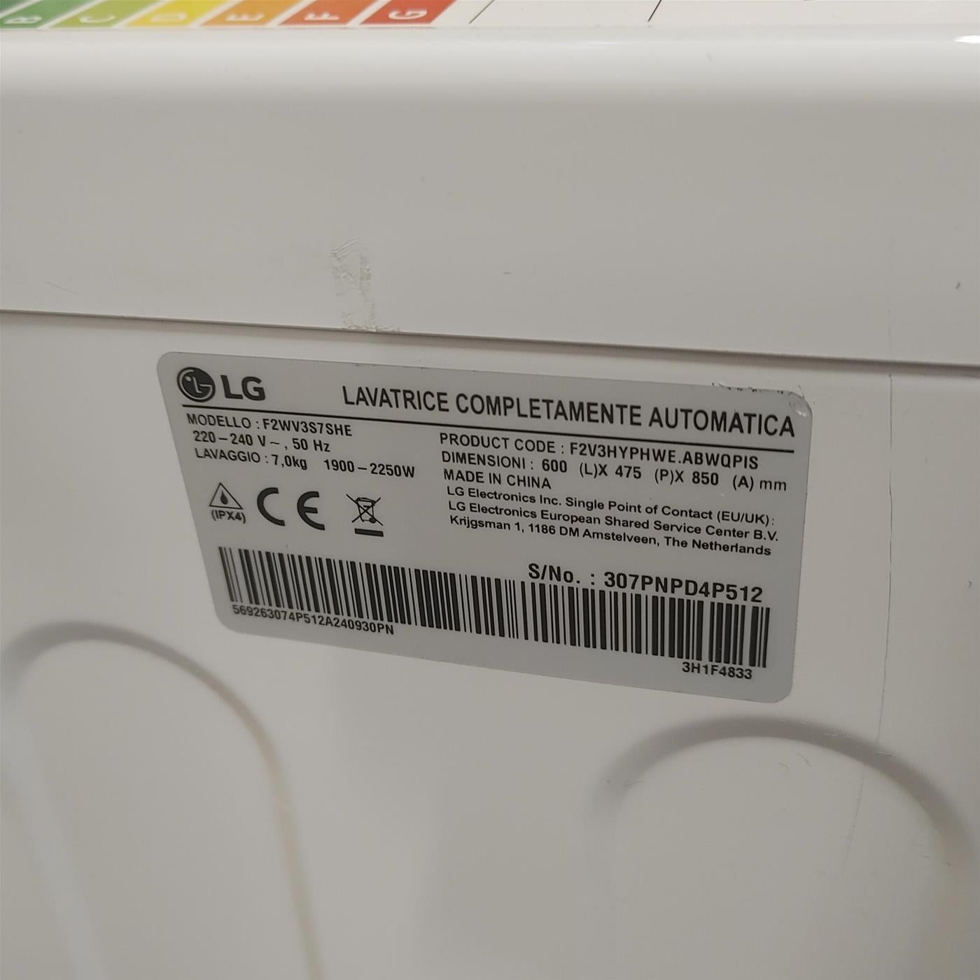 Lavatrice LG F2WV3S7SHE Caricamento frontale 7 kg 1200 Giri/min Bianco