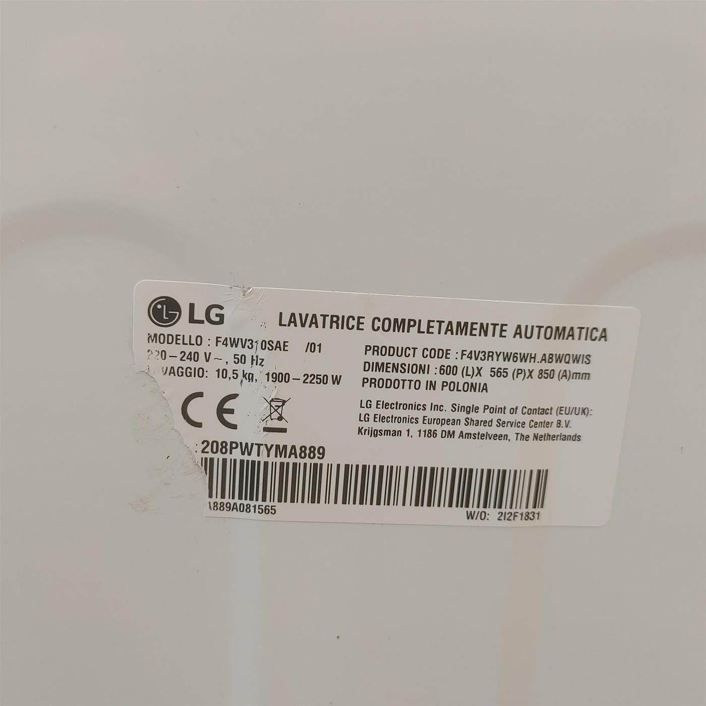 LG F4WV310SAE lavatrice Caricamento frontale 10,5 kg 1400 Giri/min A Bianco