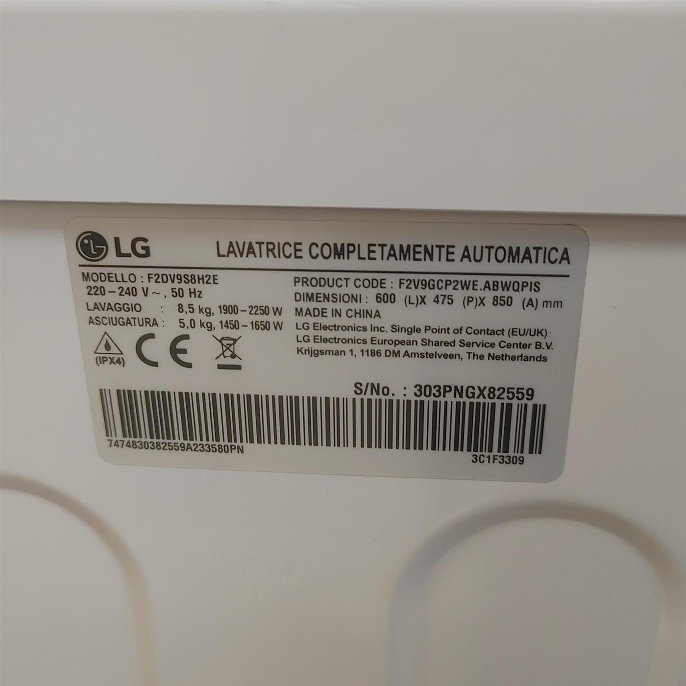 Lavasciuga intelligente LG F2DV9S8H2E Slim Vapore TurboWash 360 8.5/5Kg