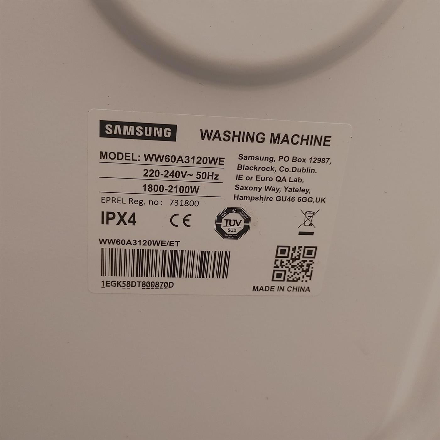 Lavatrice Samsung WW60A3120WE Caricamento frontale 6 kg 1200 Giri/min Bianco