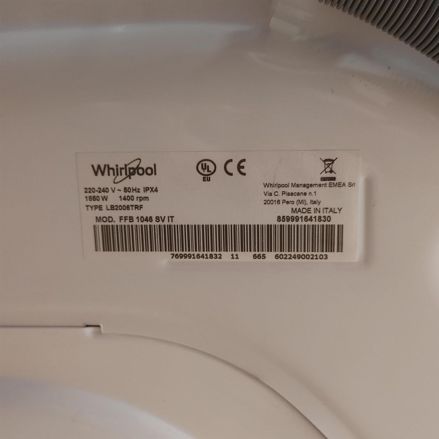 Lavatrice Whirlpool FFB 10469 BV SPT Carica frontale 10 kg 1400 giri Bianco