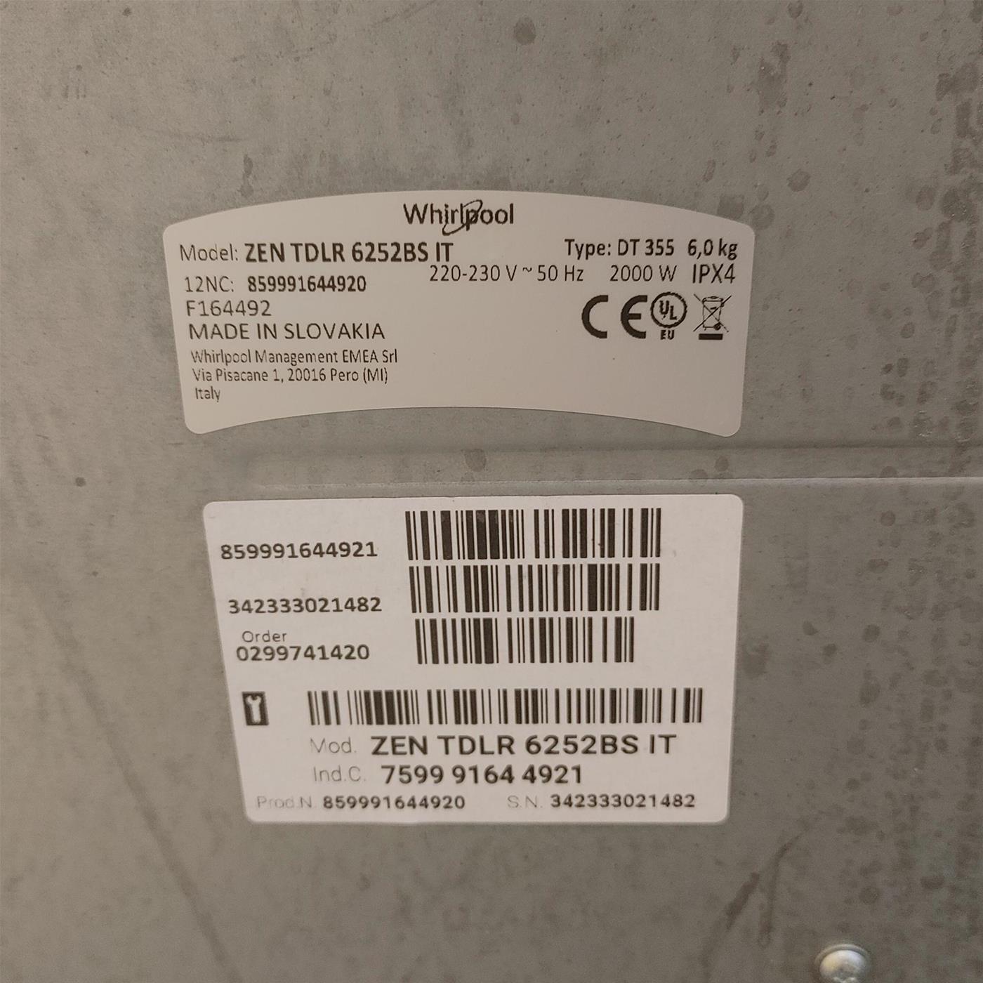 Lavatrice Whirlpool ZENTDLR6252BS IT Caricamento dall'alto 6 kg