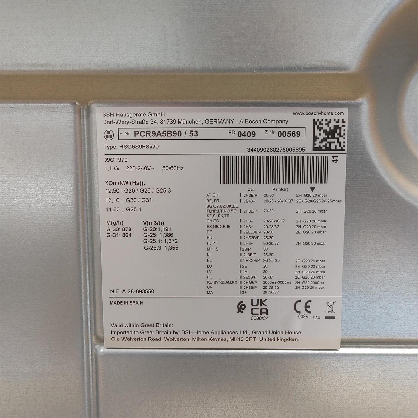 Piano cottura a gas Bosch Serie 6 PCR9A5B90 5 fuochi