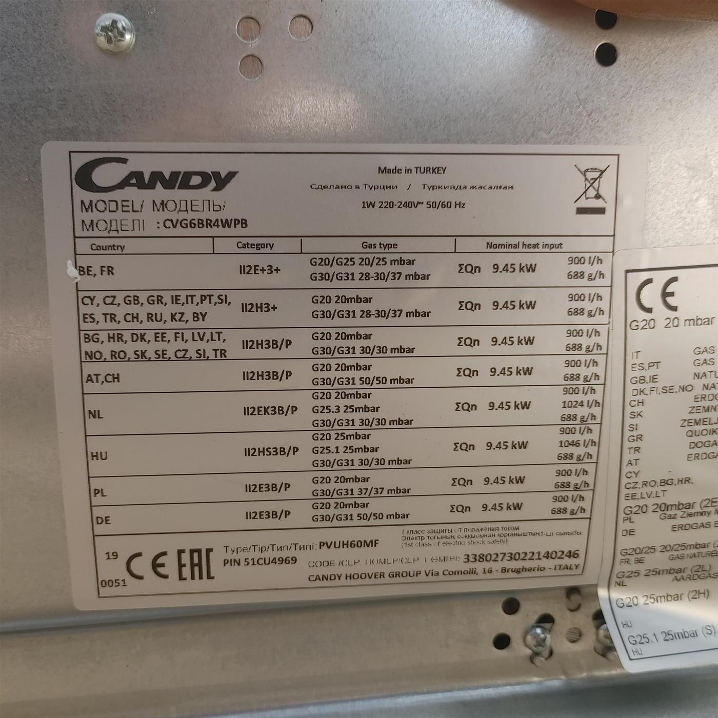 Candy CVG6BR4WP Nero Incasso 59 cm Gas 4 zona(e)