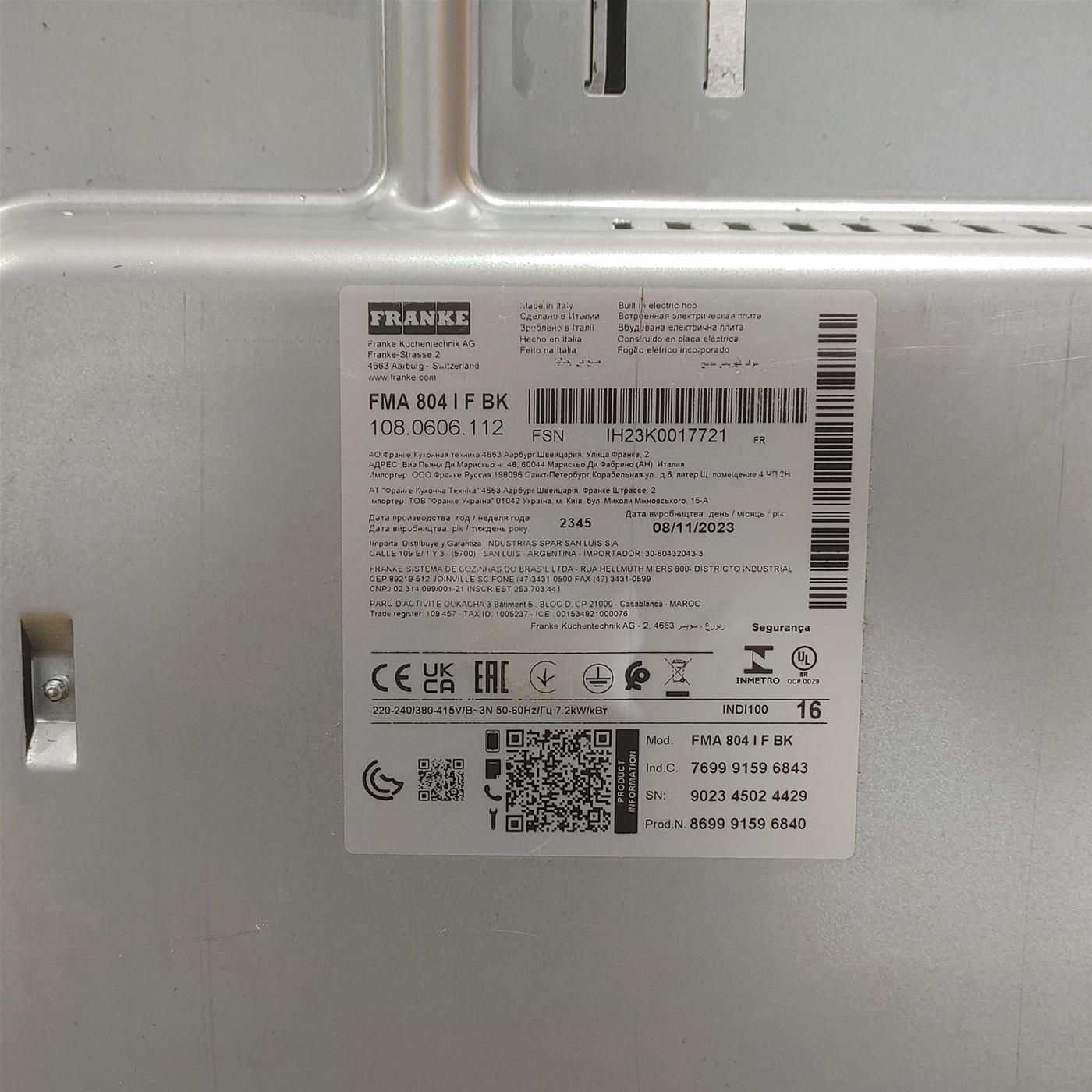 Piano cottura FRANKE Maris FMA 804 I F BK a induzione