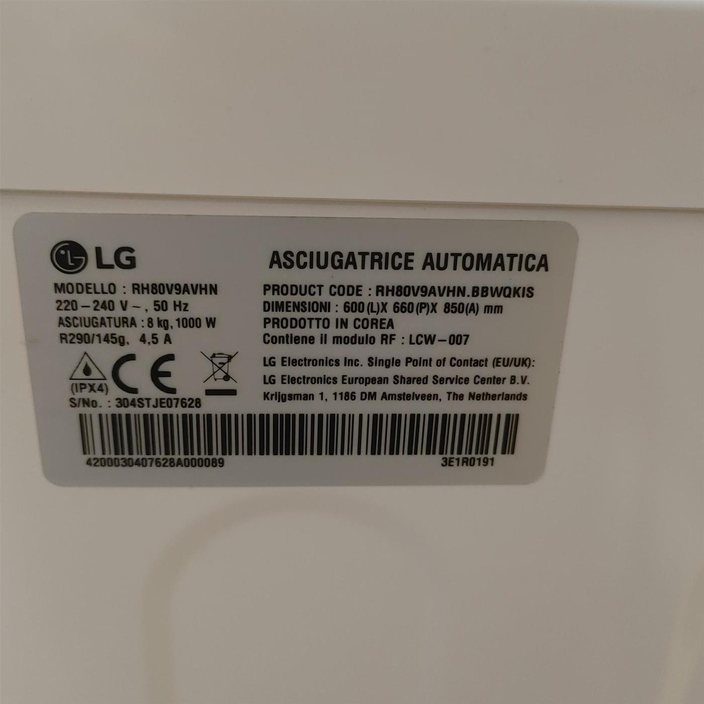 Asciugatrice LG RH80V9AVHN Libera installazione Carica frontale 8 kg A+++ Bianco