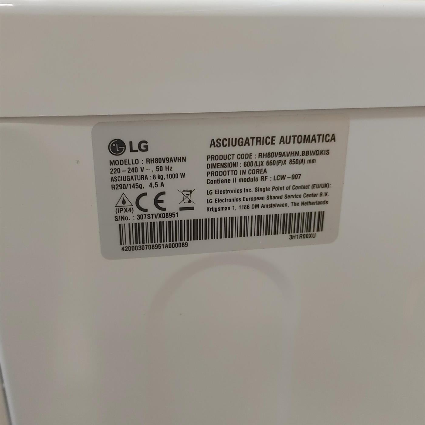Asciugatrice LG RH80V9AVHN Libera installazione Carica frontale 8 kg A+++ Bianco