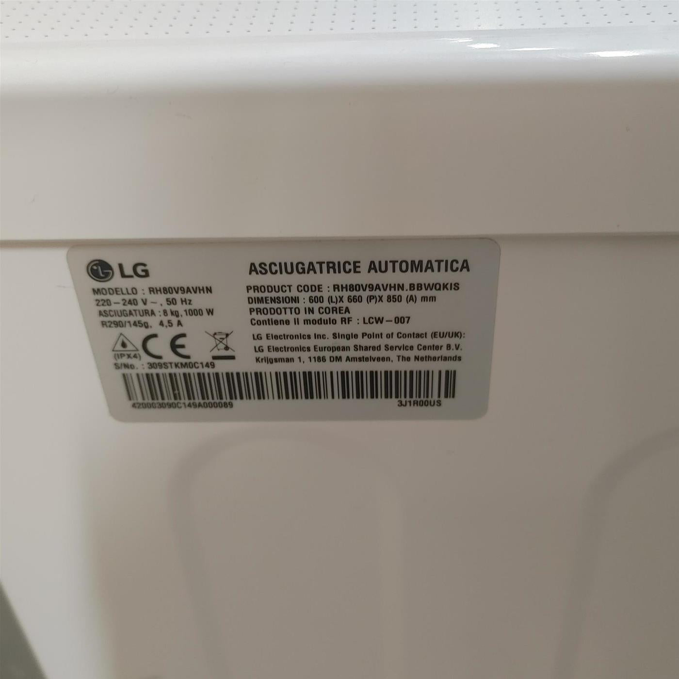 Asciugatrice LG RH90V9AVHN Libera installazione Carica frontale 9 kg A+++ Bianco