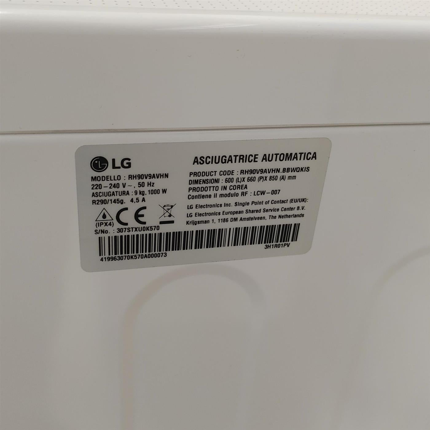 Asciugatrice LG RH90V9AVHN Libera installazione Caricamento frontale 9 kg A+++ Bianco