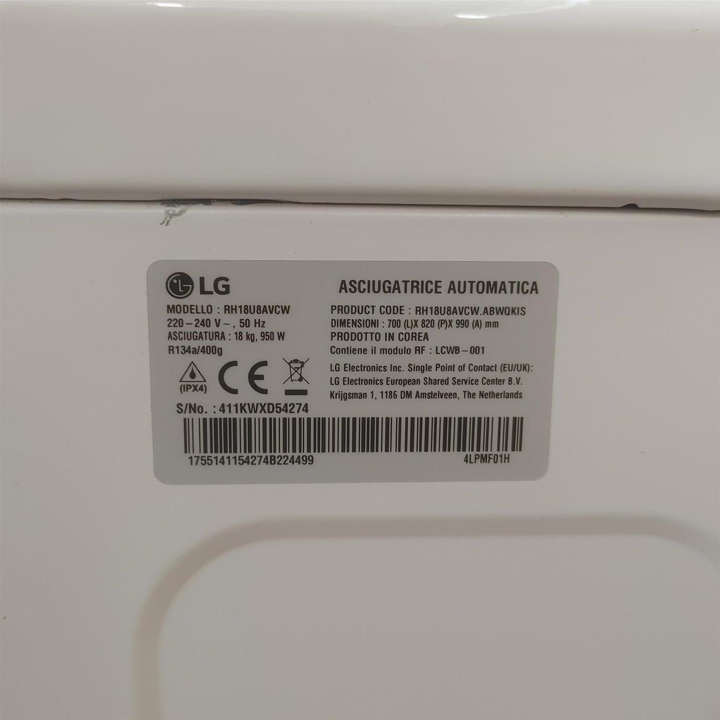 Asciugatrice LG RH18U8AVCW 18 Kg