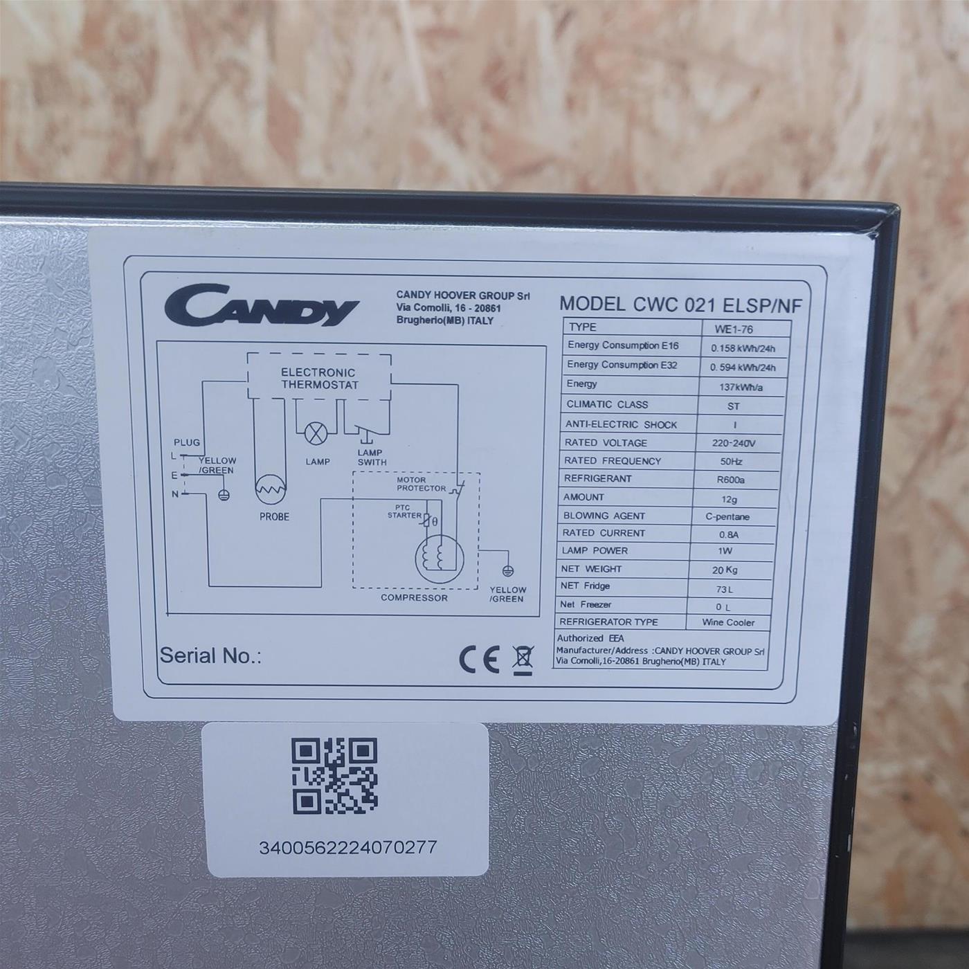 Candy CWC 021 ELSP/NF Frigorifero per vino a compressore Libera installazione Nero 21 bottiglia/e