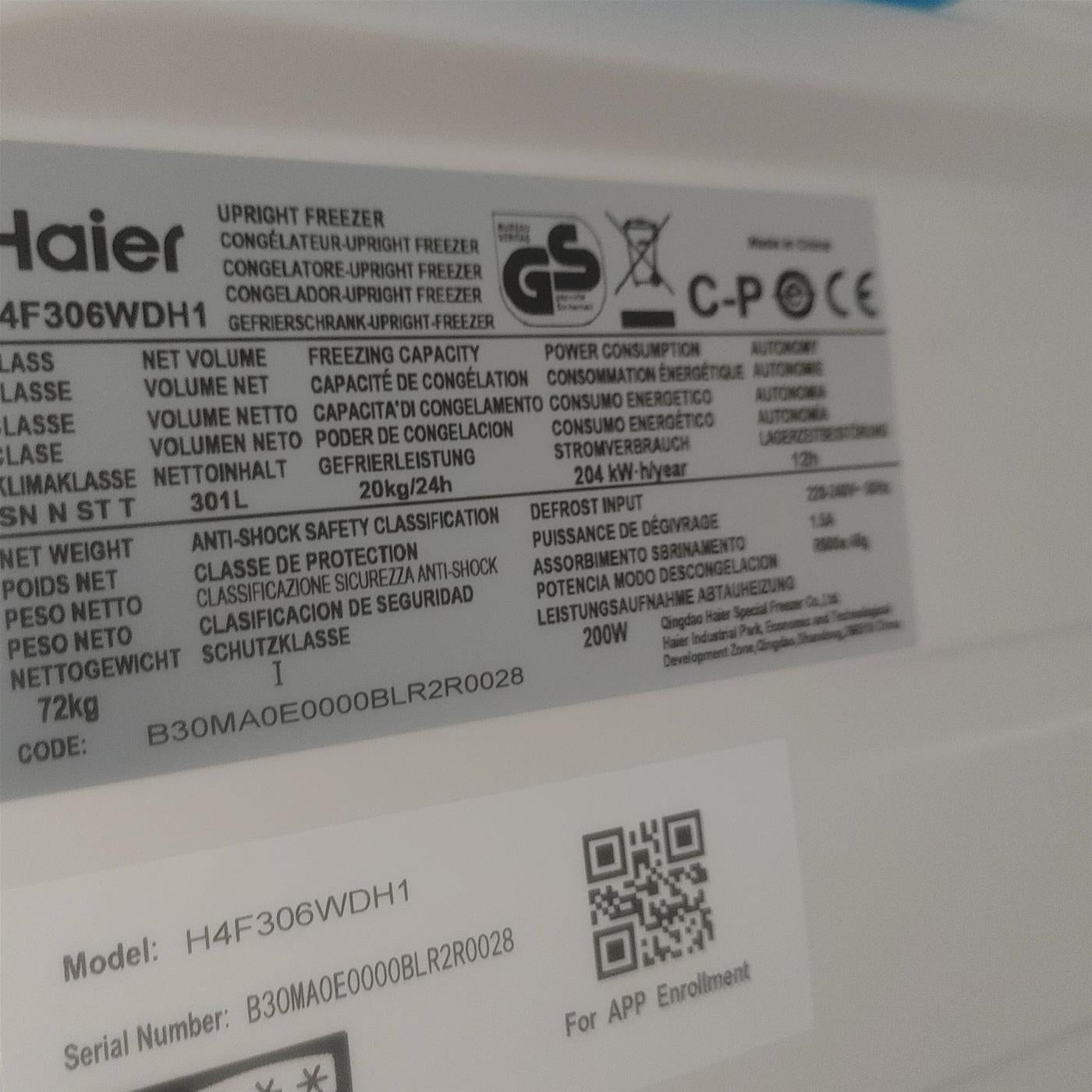 Congelatore verticale Haier UP 60 Series 7 H4F306WDH1 Libera installazione 301 L