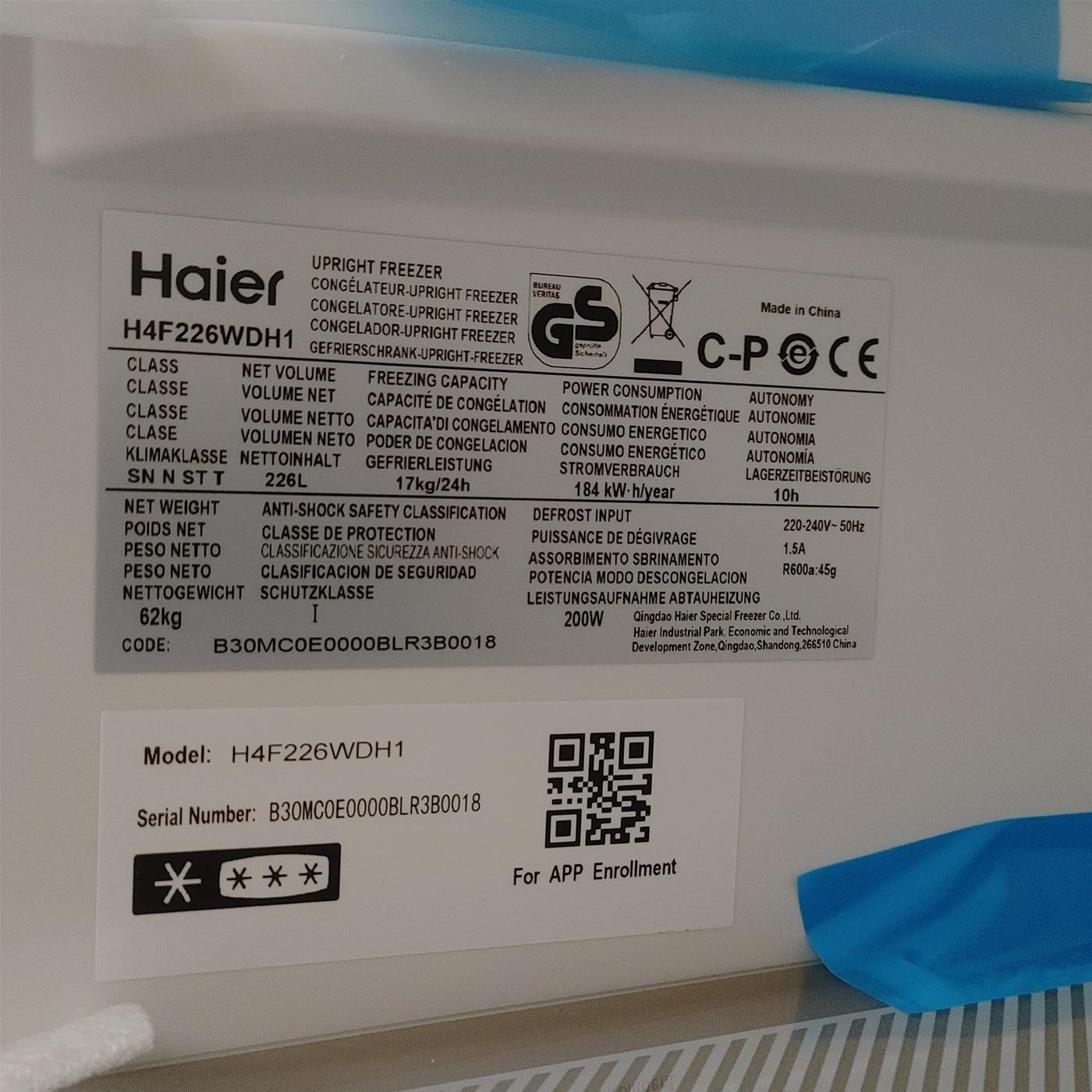 Congelatore Haier H4F226WDH1 verticale Libera installazione 226 L