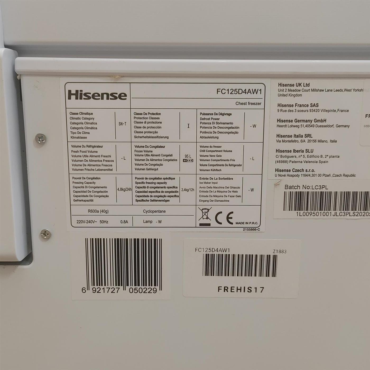 Congelatore Hisense FC125D4AW1 Congelatore a pozzetto Libera installazione 95 LF Bianco
