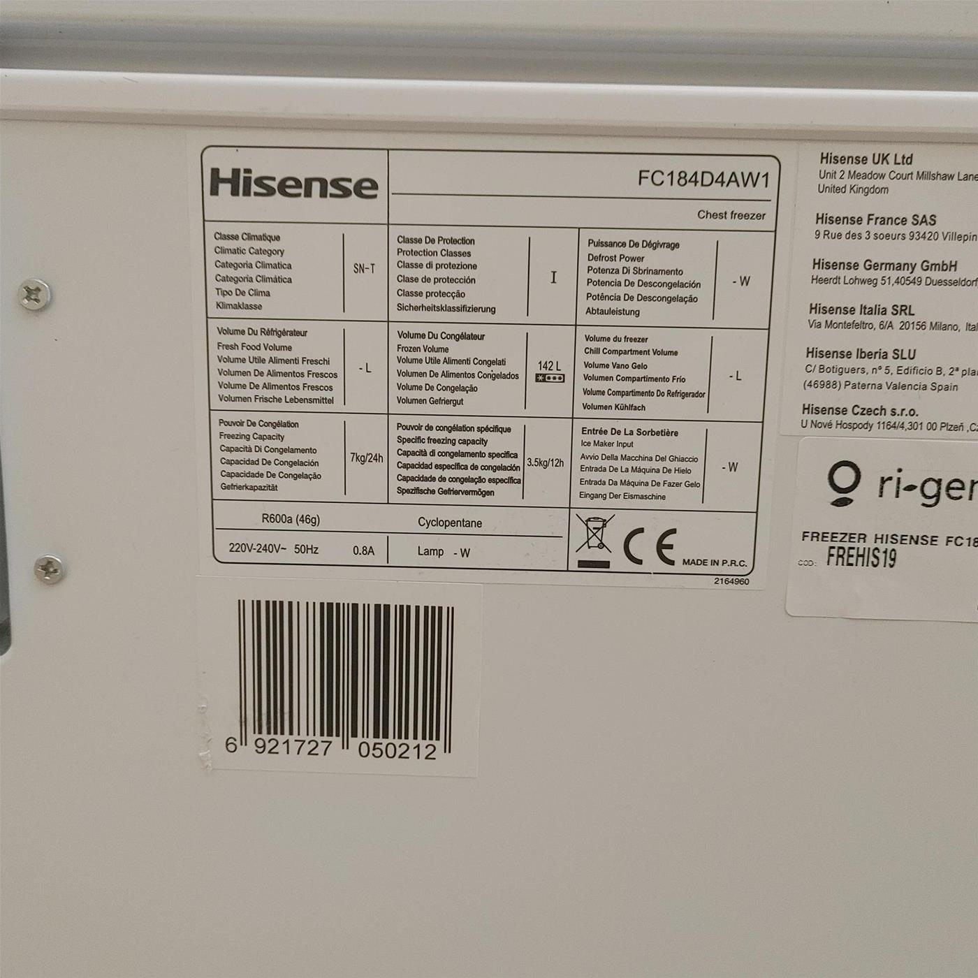 Congelatore Hisense FC184D4AW1 Congelatore a pozzetto Libera installazione 142 LF Bianco