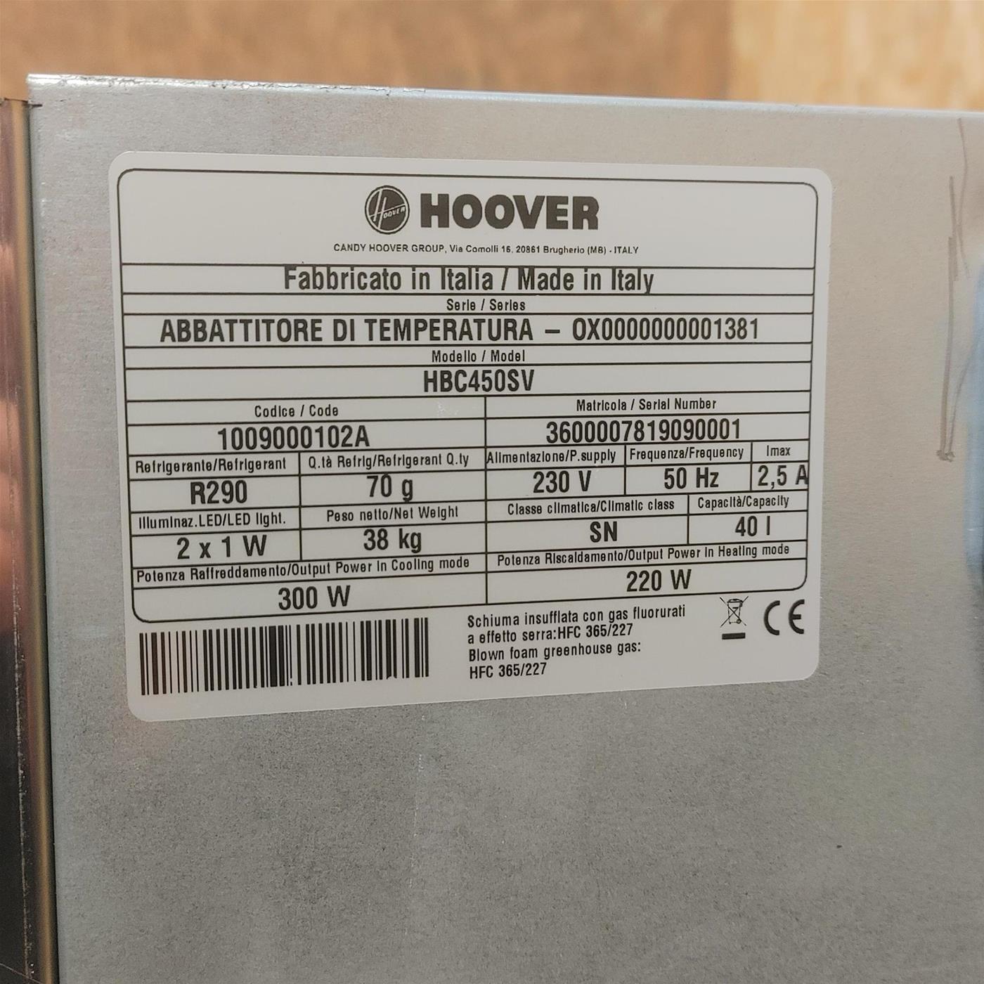 Abbattitore di temperatura Blast Chiller Hoover HBC 450 SV da Incasso