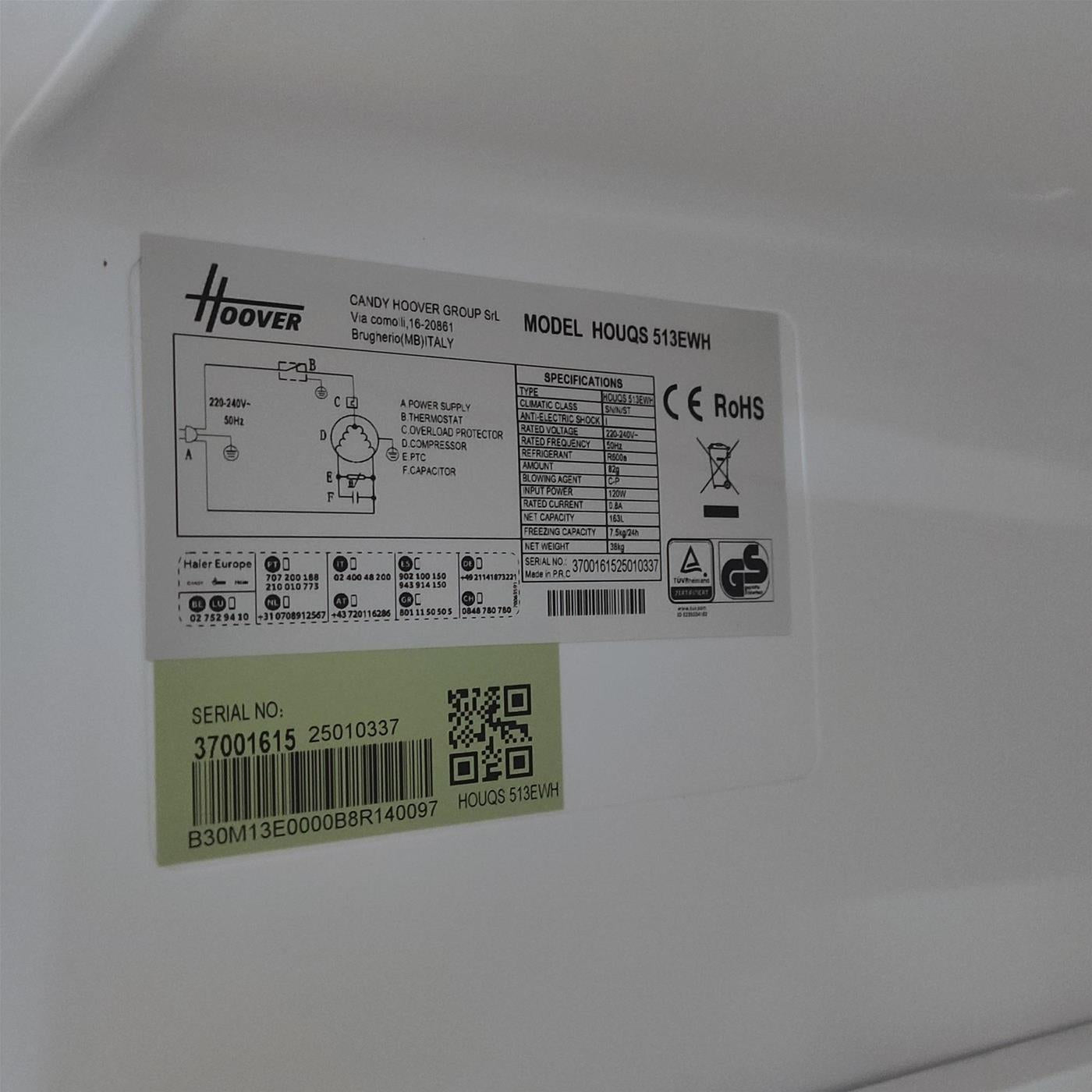 Congelatore verticale Hoover HOUQS 513EWH 163 L