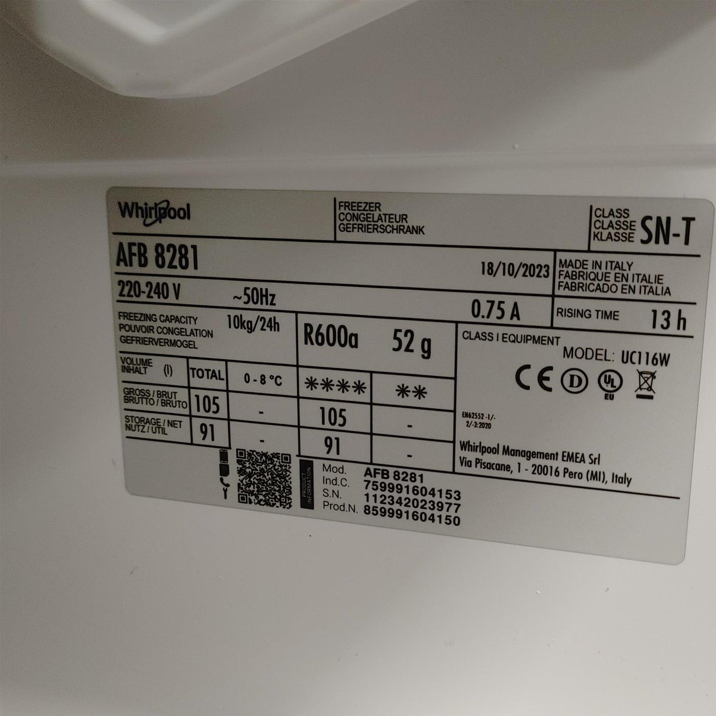 Congelatore verticale Whirlpool AFB 8281