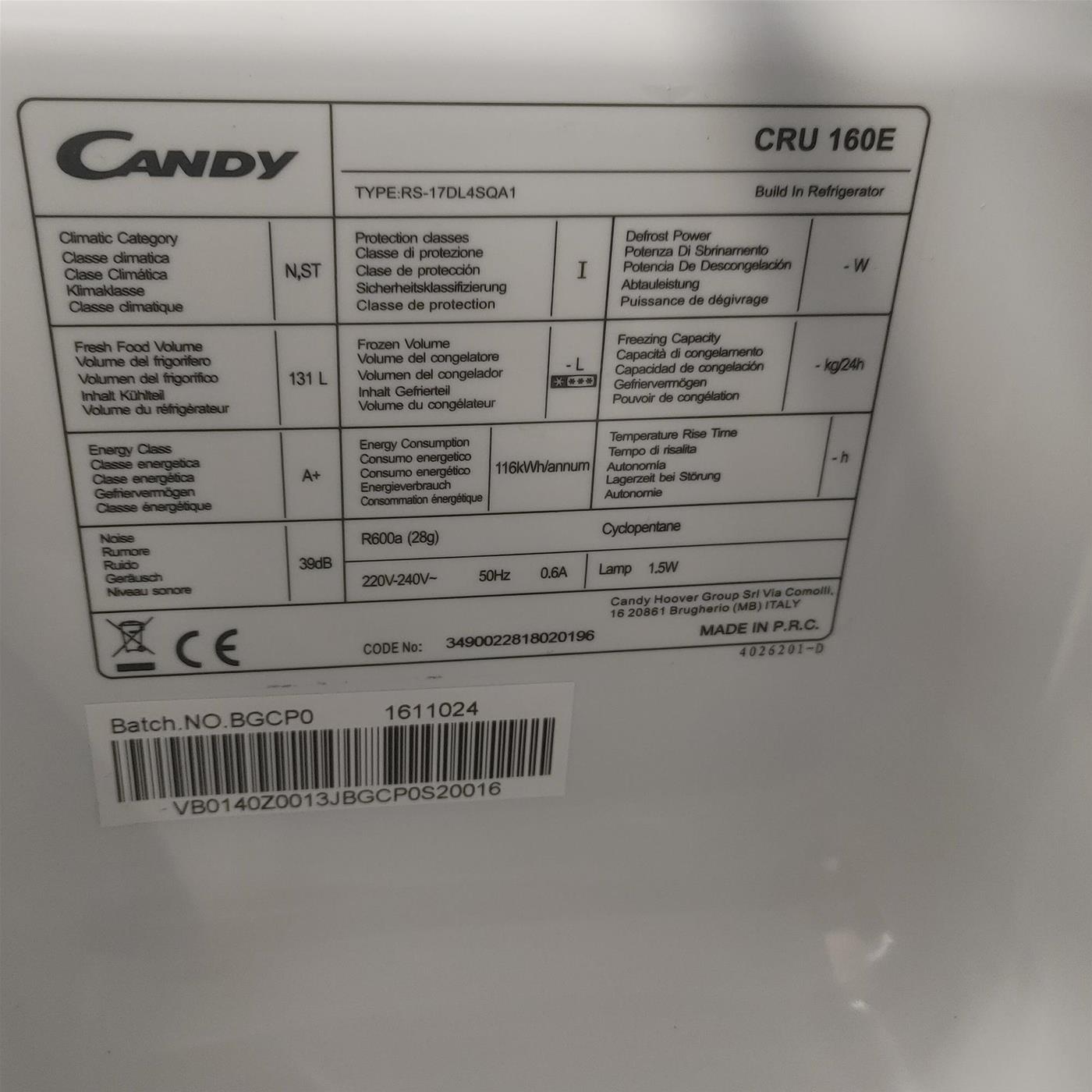 Frigorifero Candy CRU160E da incasso 135 L