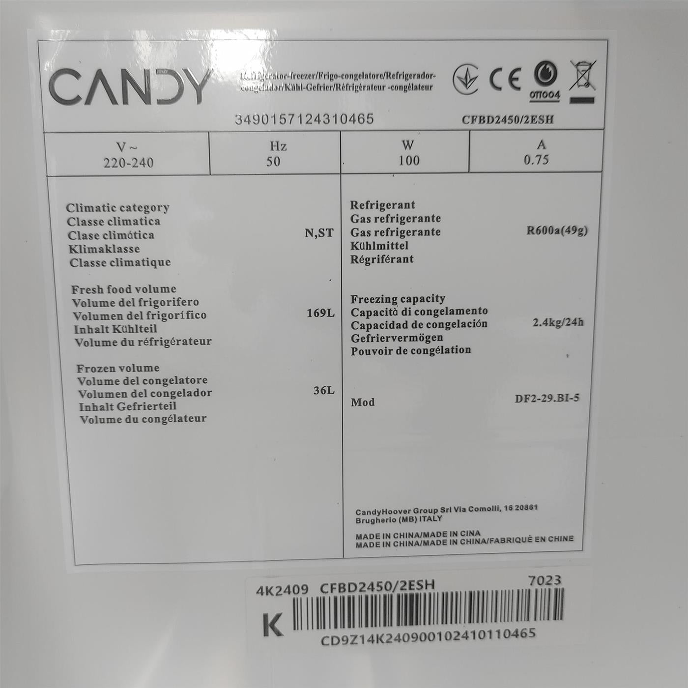 Frigorifero Candy CFBD2450/2ES Da incasso 220 L