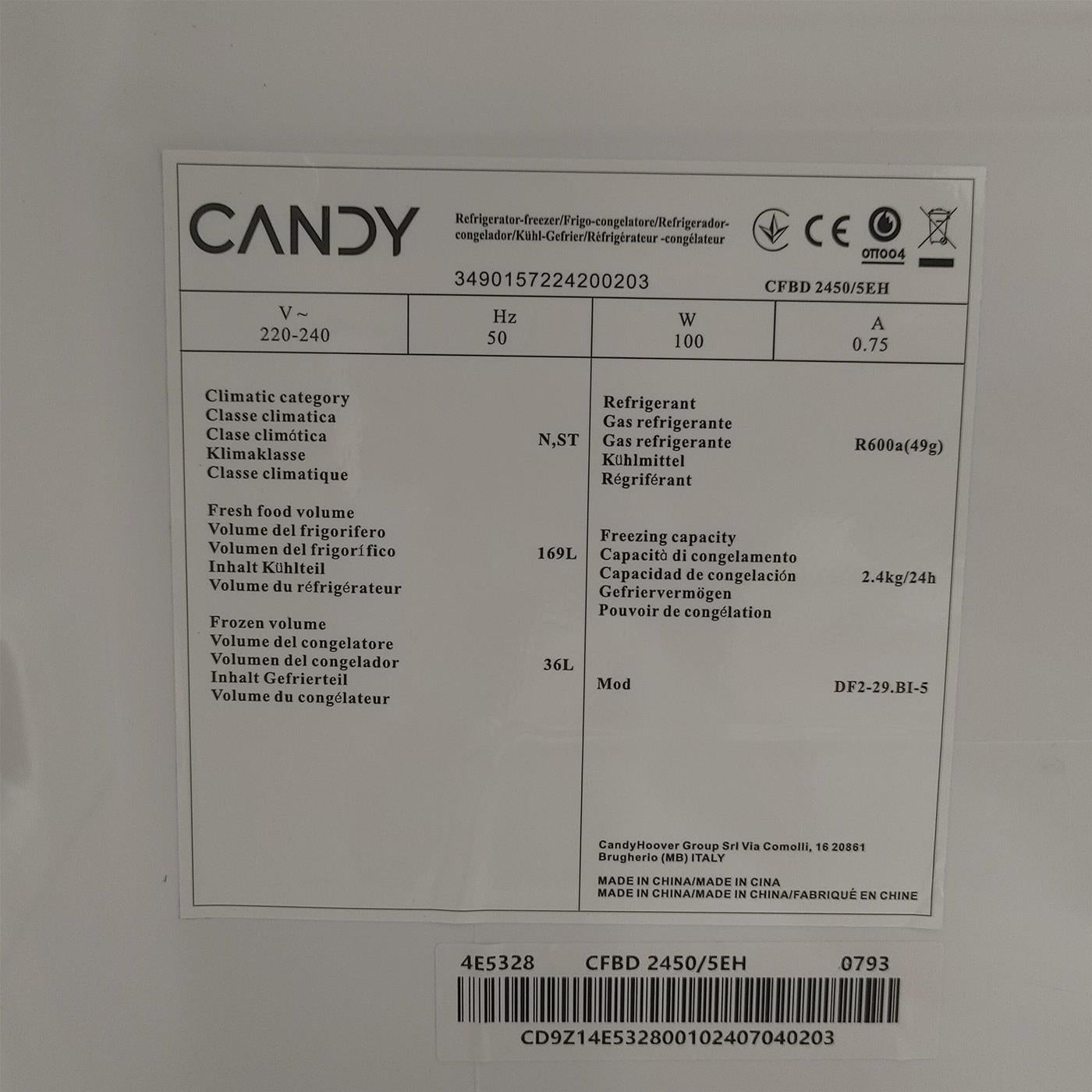 Frigorifero Candy CFBD 2450/5EH Da incasso 205 L