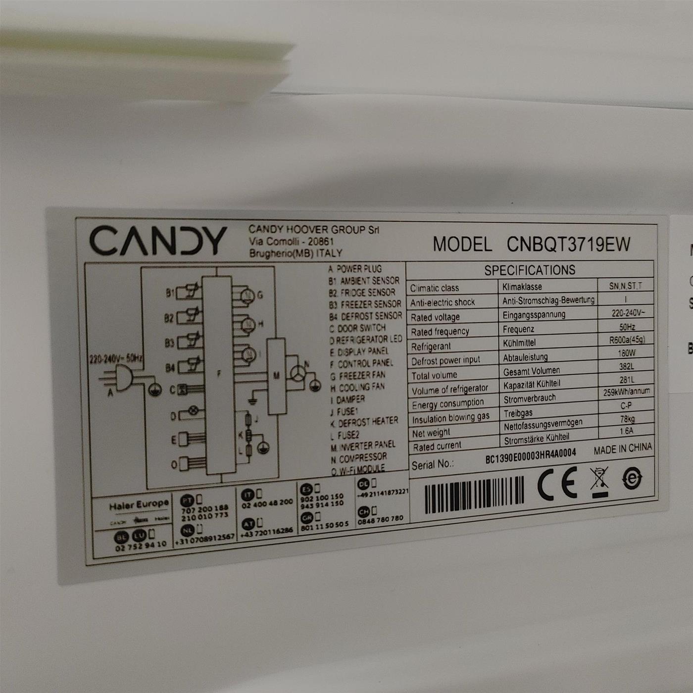 Frigorifero Candy Fresco CNBQT3719EW Da incasso 382 L