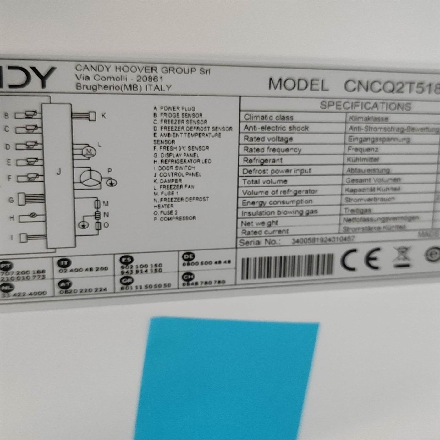 Frigorifero Candy Fresco CNCQ2T518EB Libera installazione 279 L