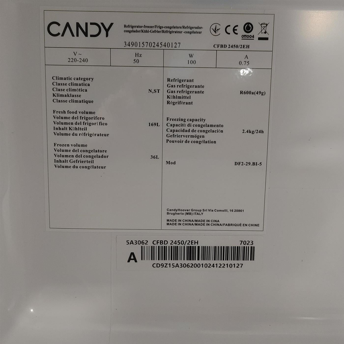 Frigorifero Candy CFBD 2450/2EH Da incasso 205 L
