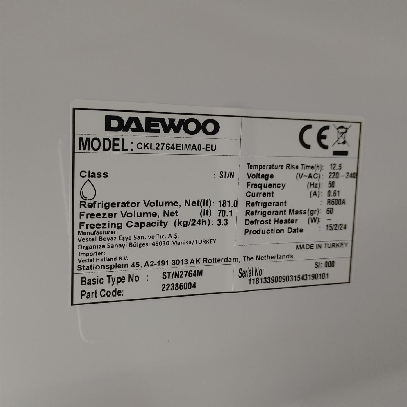 Frigorifero Daewoo CKL2764EIMAO-EU da incasso 233 L