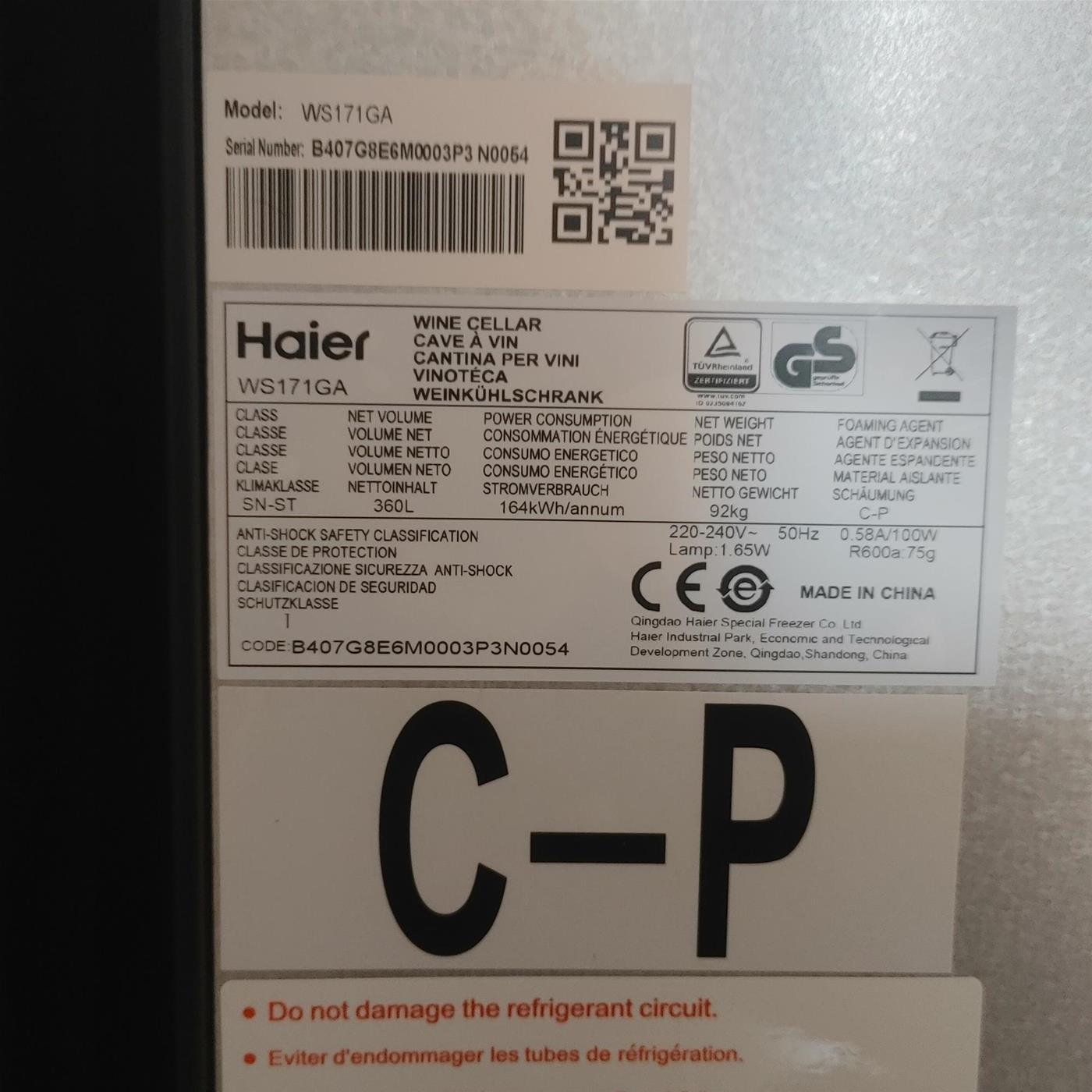 Cantinetta frigo Haier WS171GA 60 Serie 3 166 bottiglie