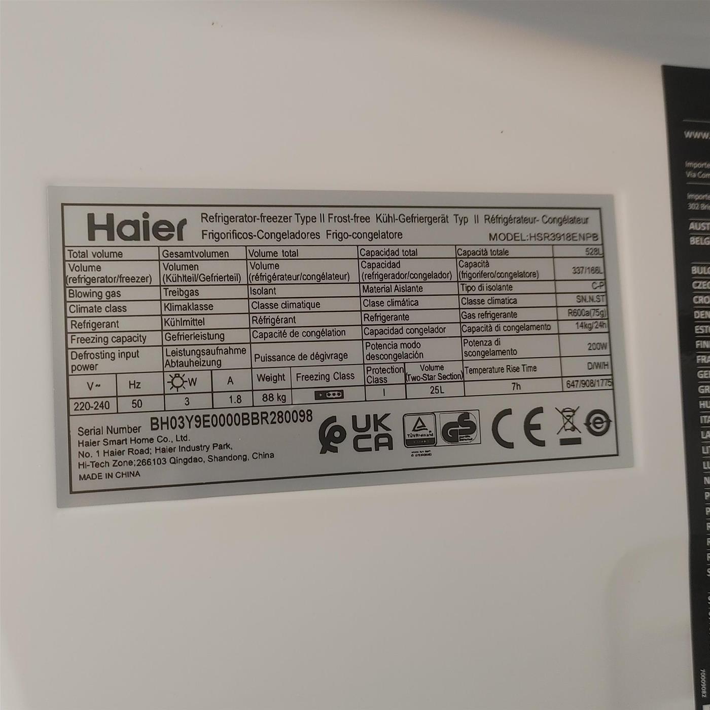 Frigorifero Haier HSR3918ENPB 528 L