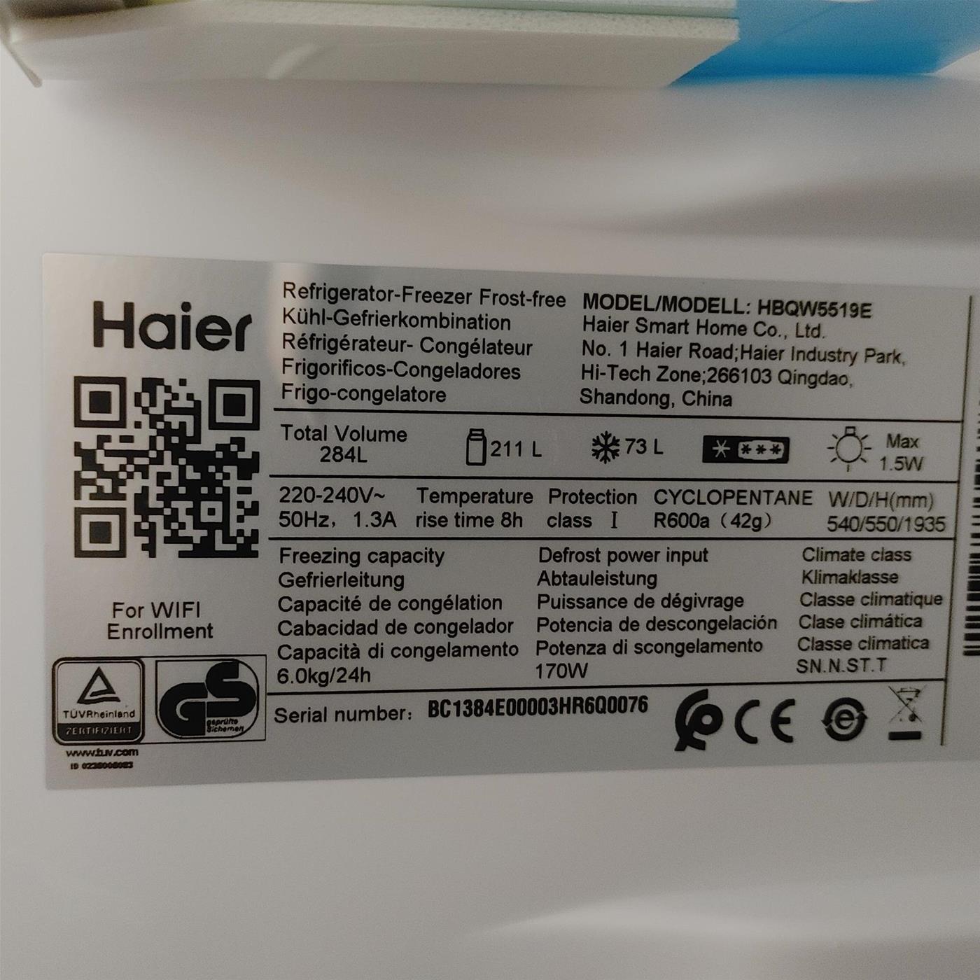 Frigorifero Haier HBQW5519E Da incasso 284 L