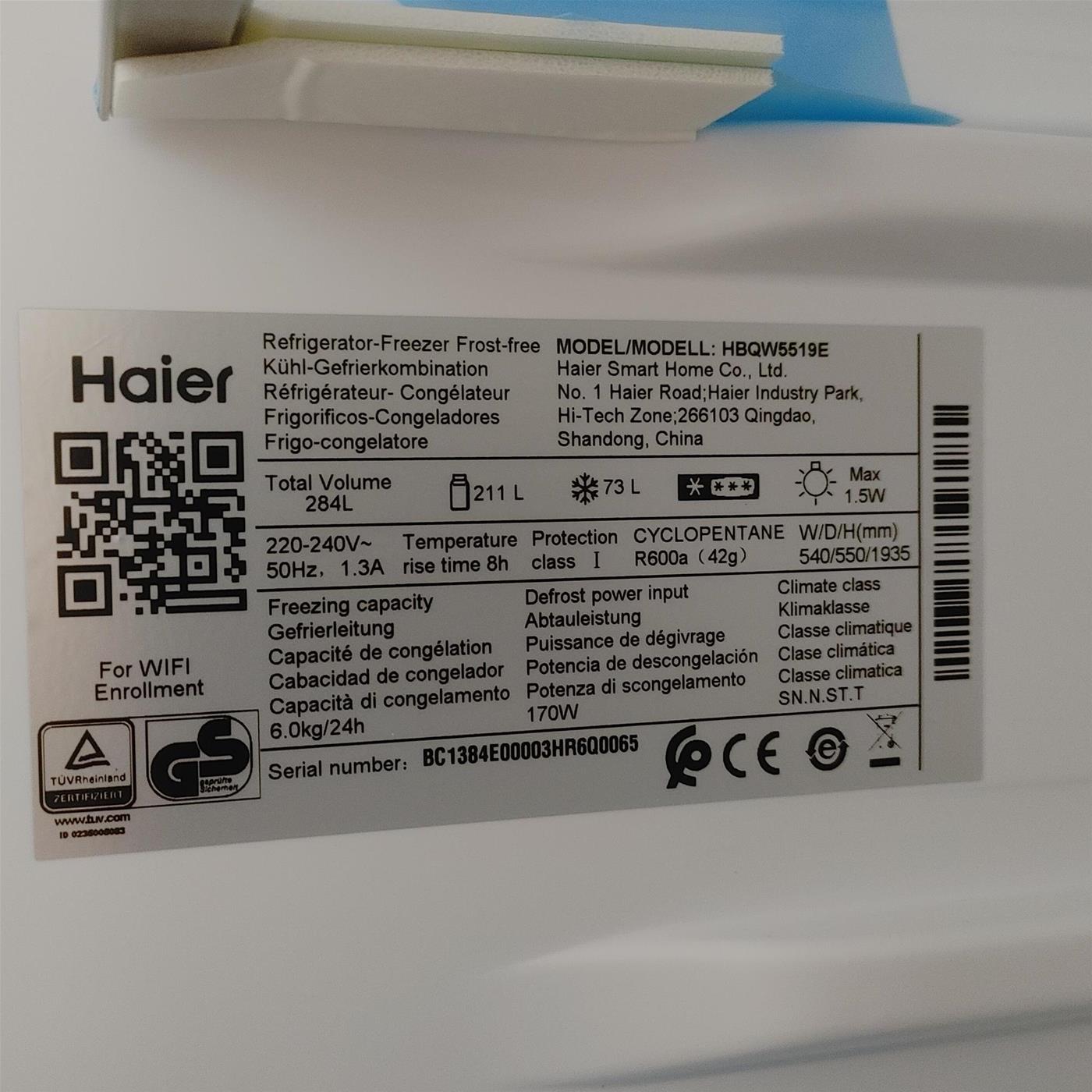 Frigorifero Haier HBQW5519E Da incasso 284 L