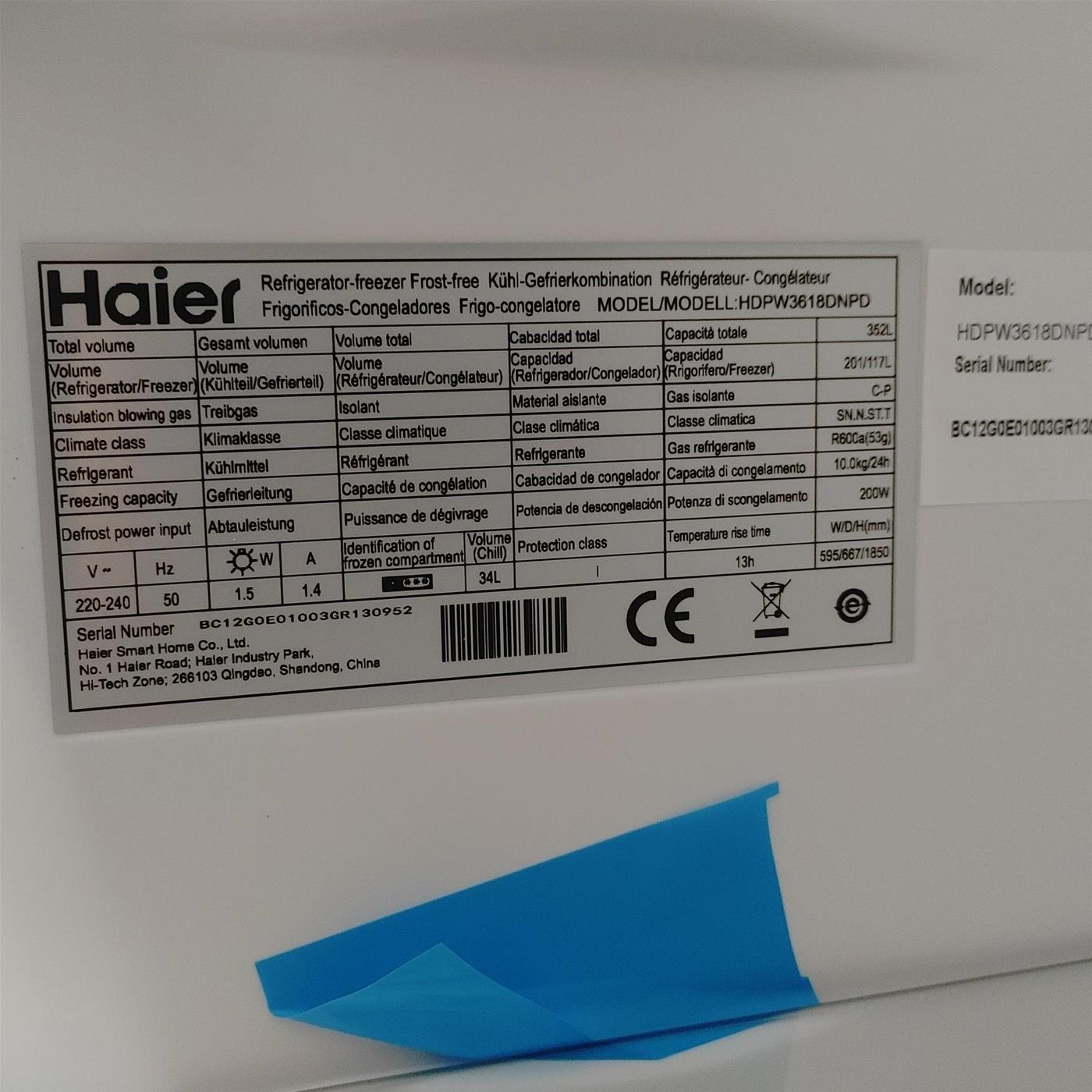Frigorifero Haier 2D 60 Serie 3 HDPW3618DNPD Libera installazione 352 L