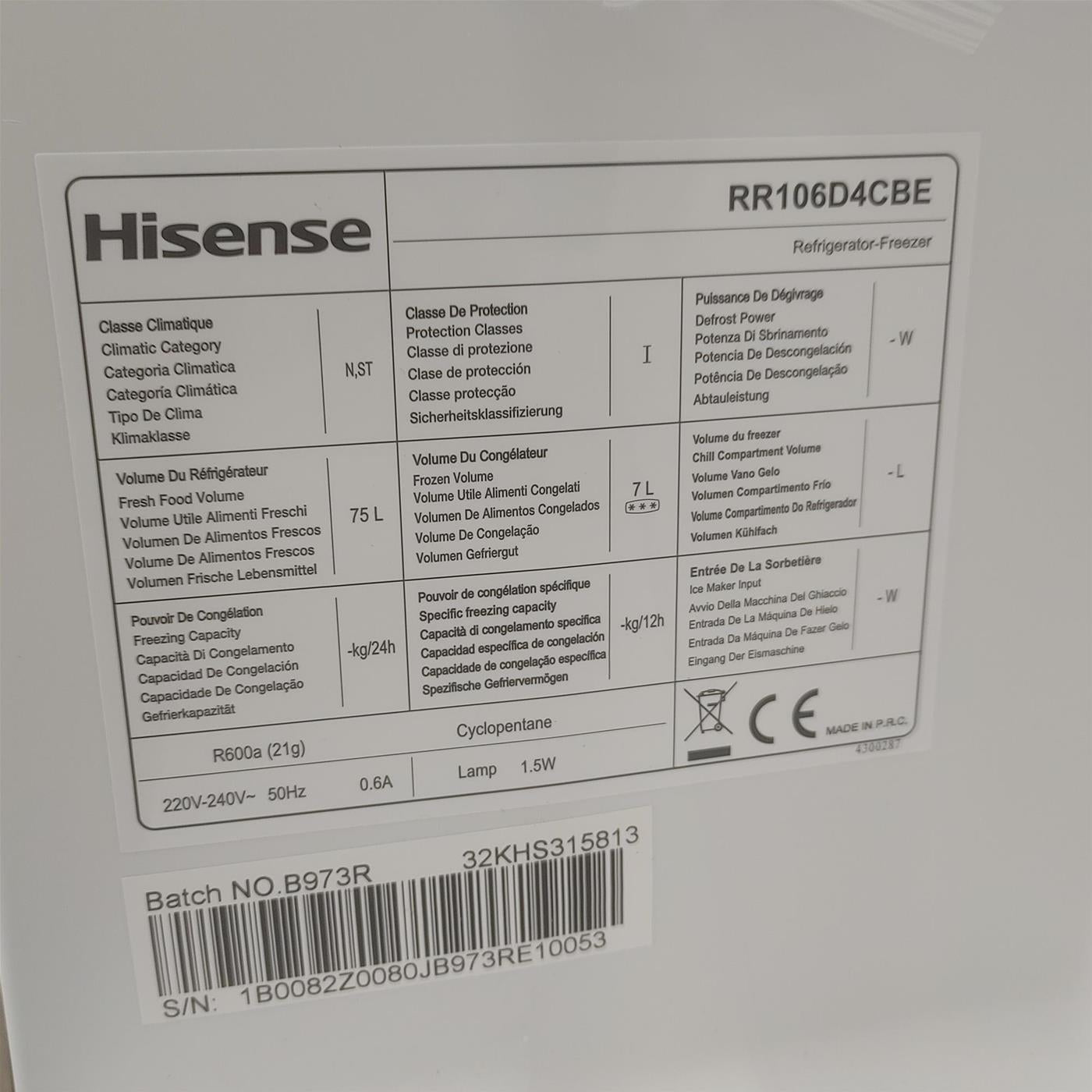 Frigorifero Hisense RR106D4CBE monoporta 82 L