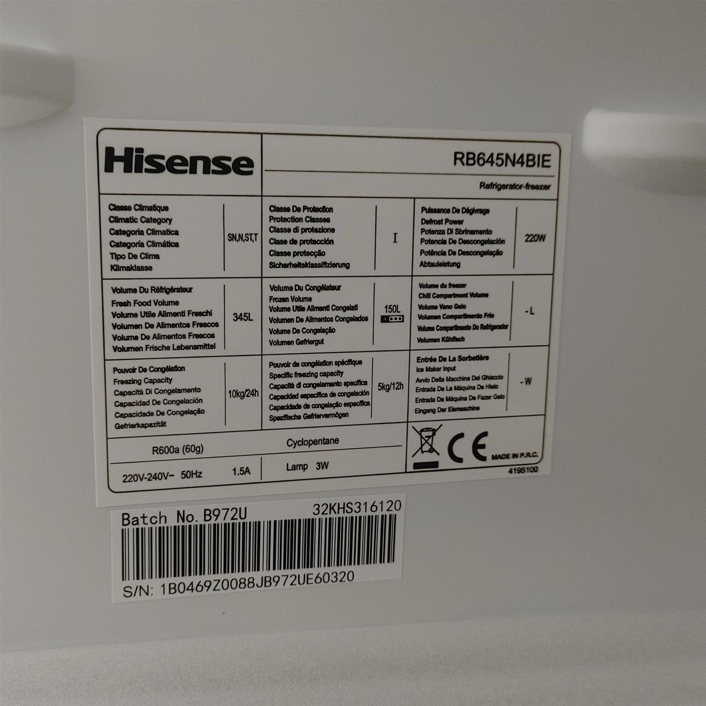 Frigorifero combinato Hisense RB645N4BIE 495 L