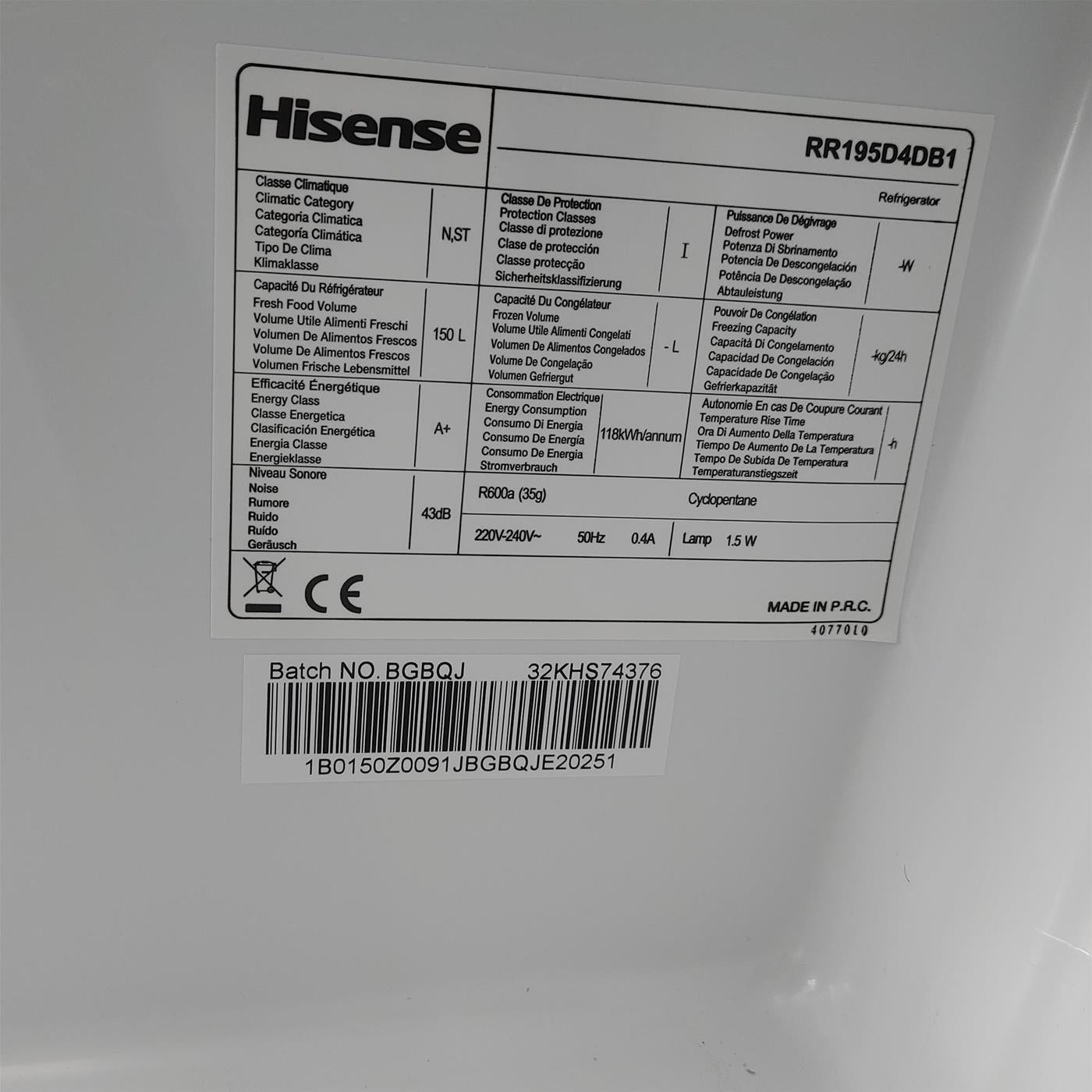 Frigorifero Hisense RR195D4DB1 Libera installazione 150 L