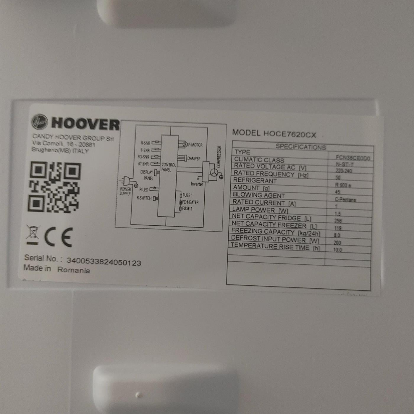 Frigorifero Hoover H-FRIDGE 700 HOCE7620CX Libera installazione 377 L