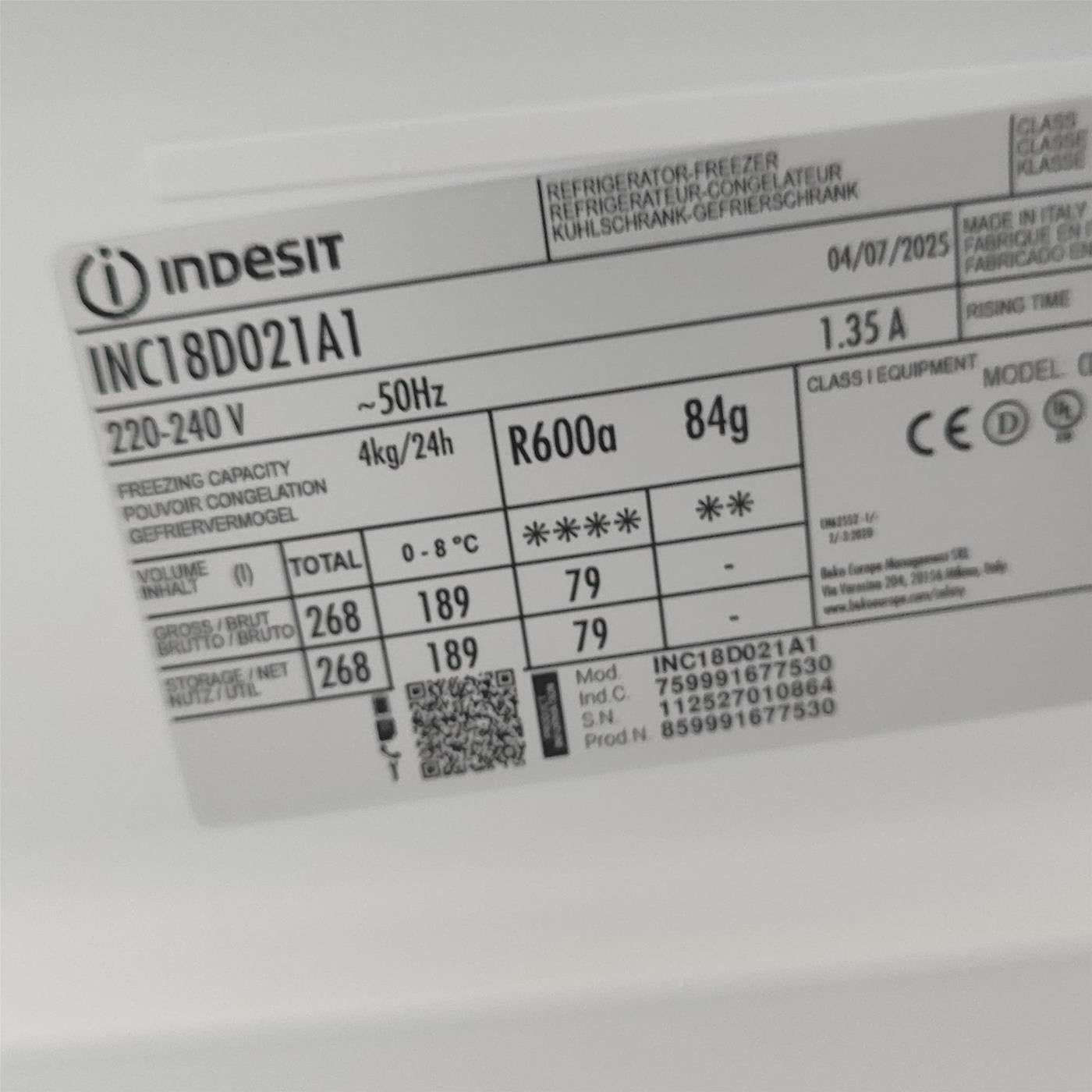 Frigorifero Indesit INC18D021A1 da Incasso 268 L