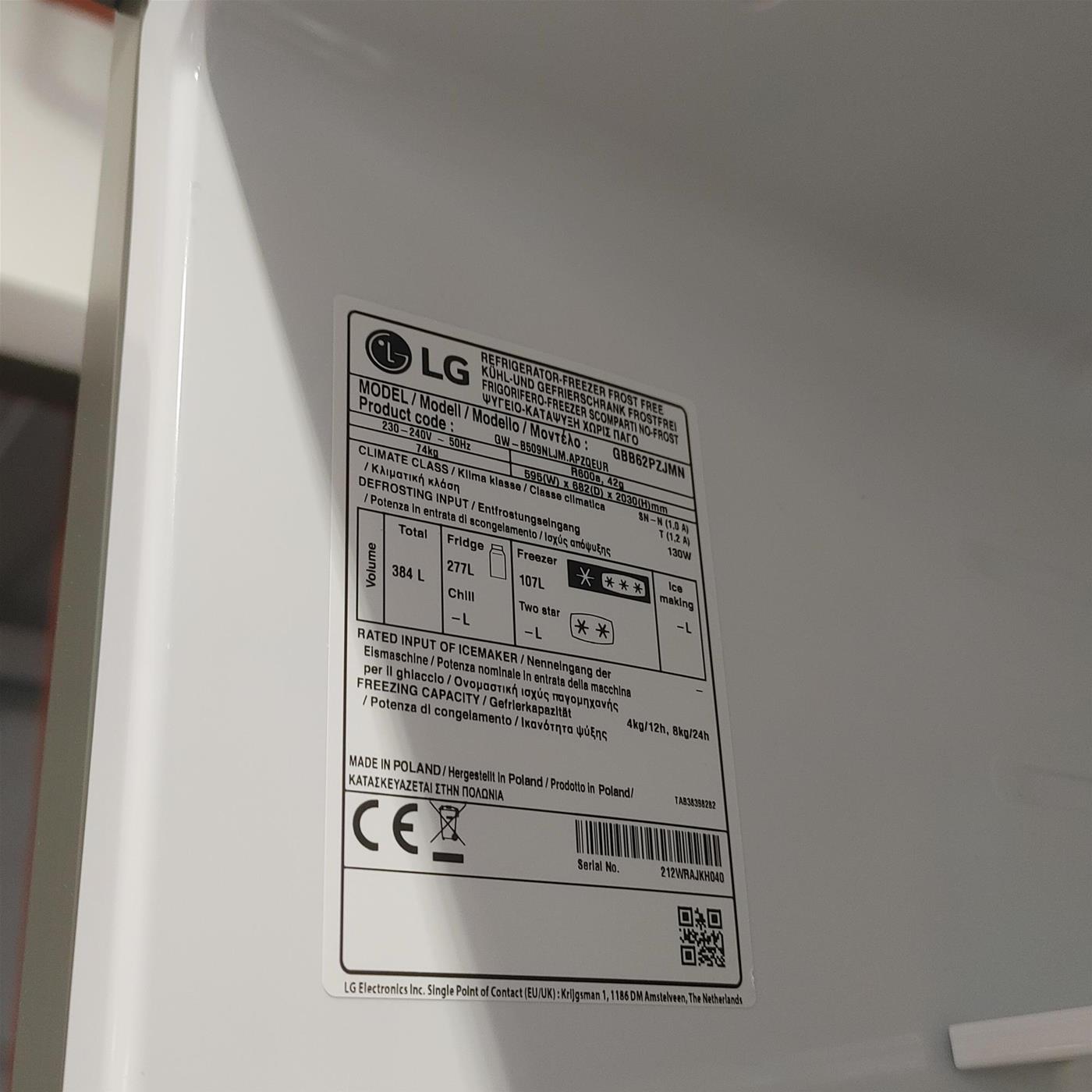 Frigo-congelatore LG GBB62PZJMN Libera installazione 384 LE Acciaio inox