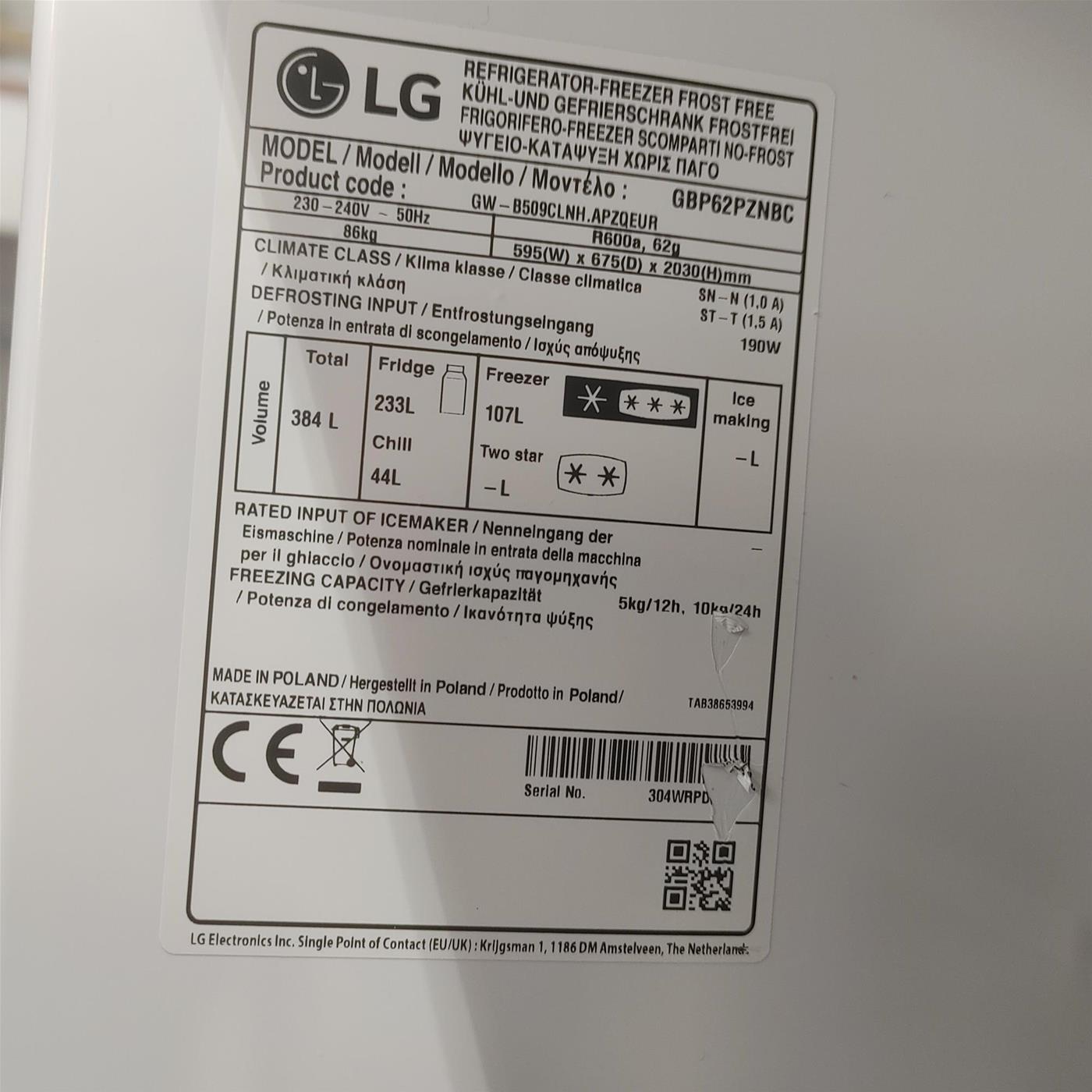 Frigorifero LG GBP62PZNBC 384 L