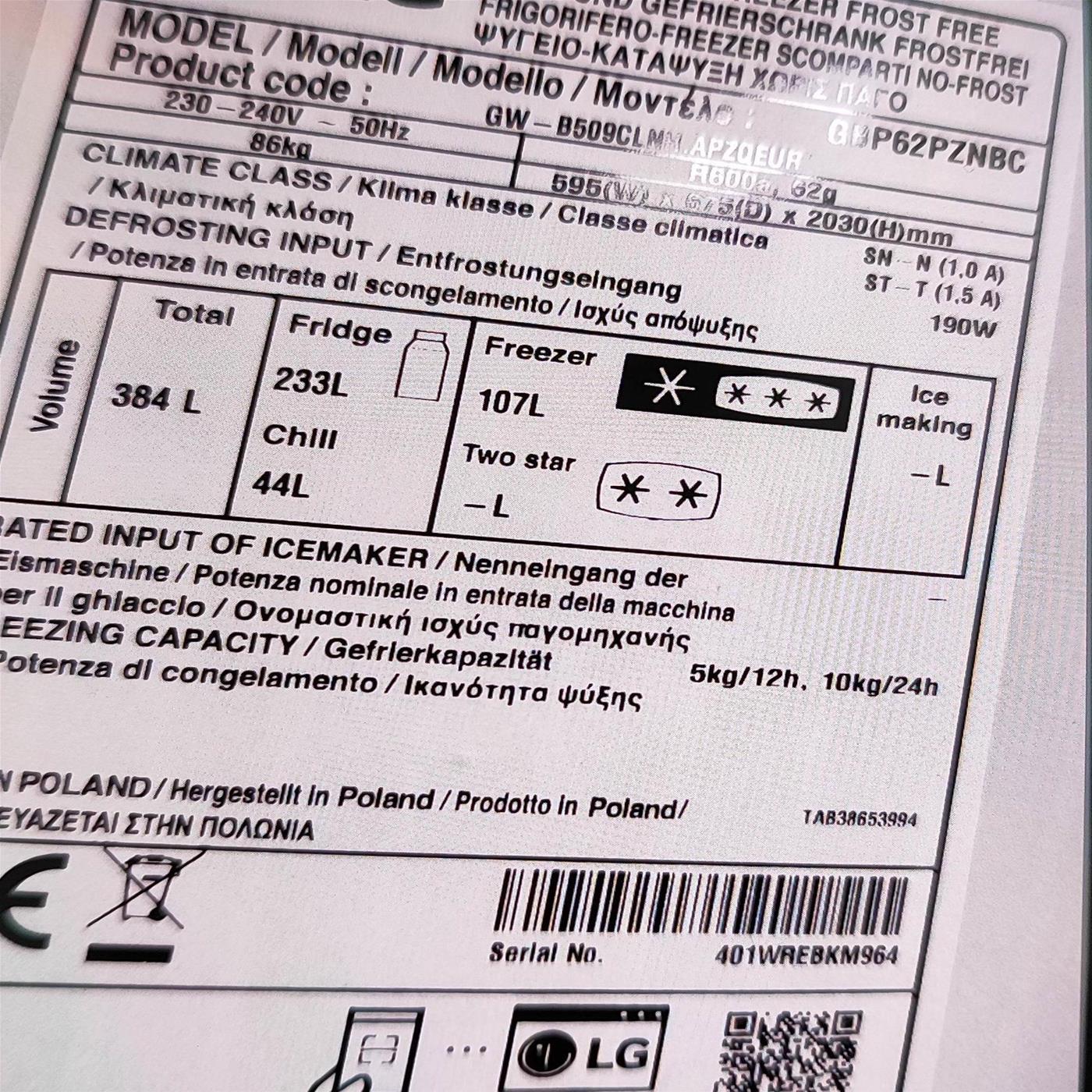 Frigorifero combinato LG GBP62PZNBC Libera installazione 384 L