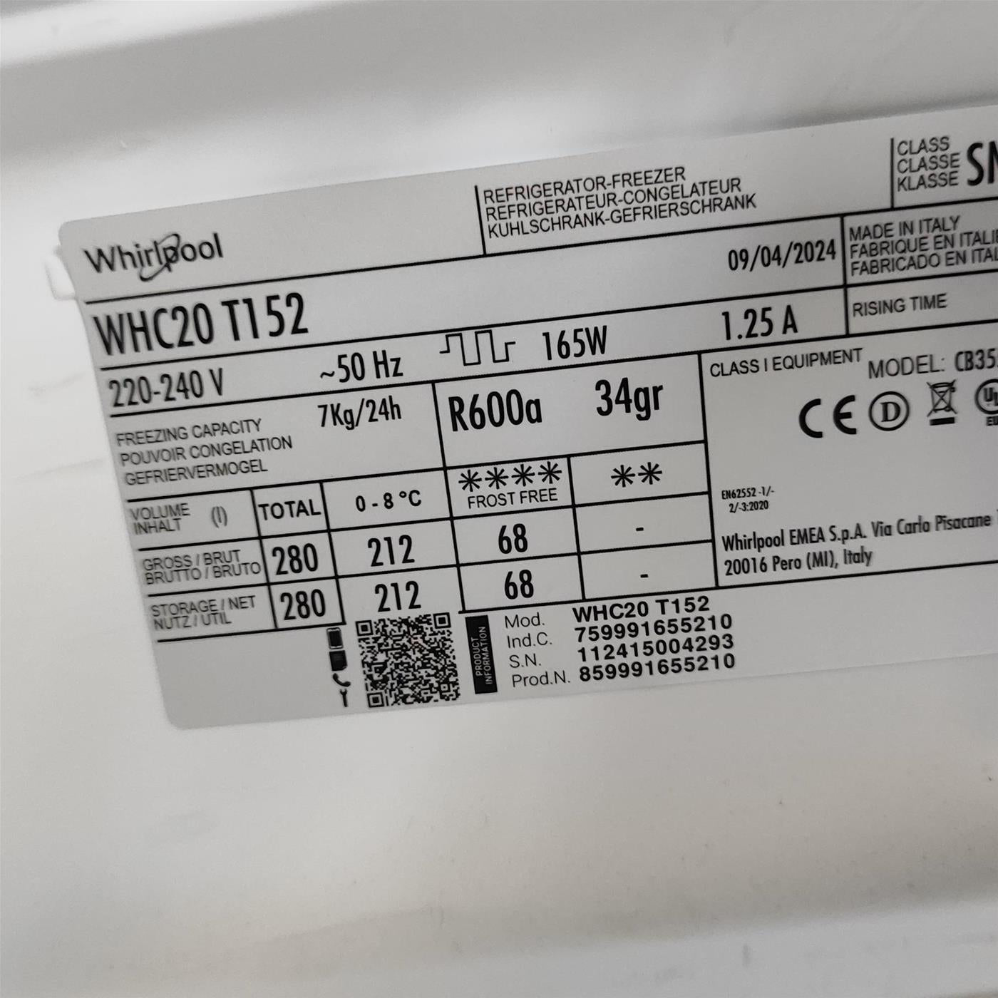 Frigorifero Whirlpool - WHC20 T152 da incasso 212 L
