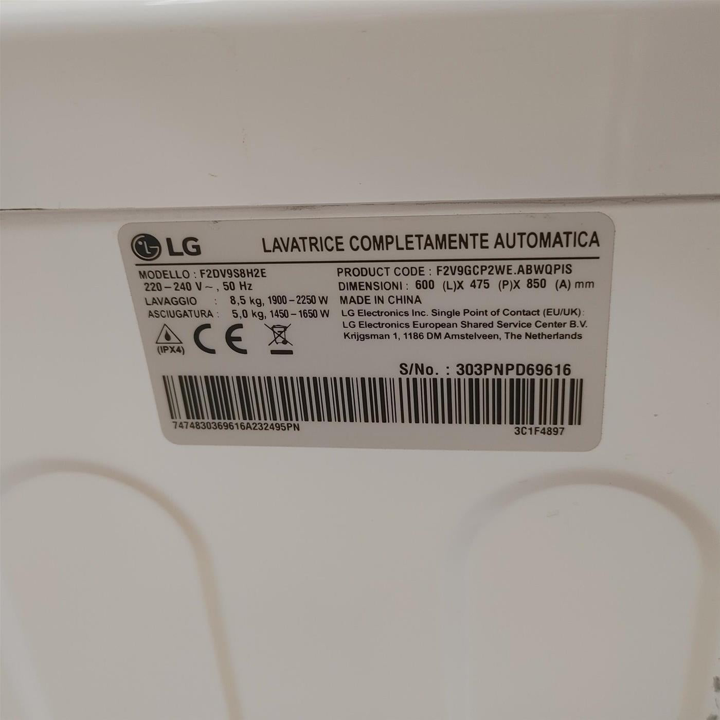 Lavasciuga LG F2DV9S8H2E Libera installazione Caricamento frontale Bianco E