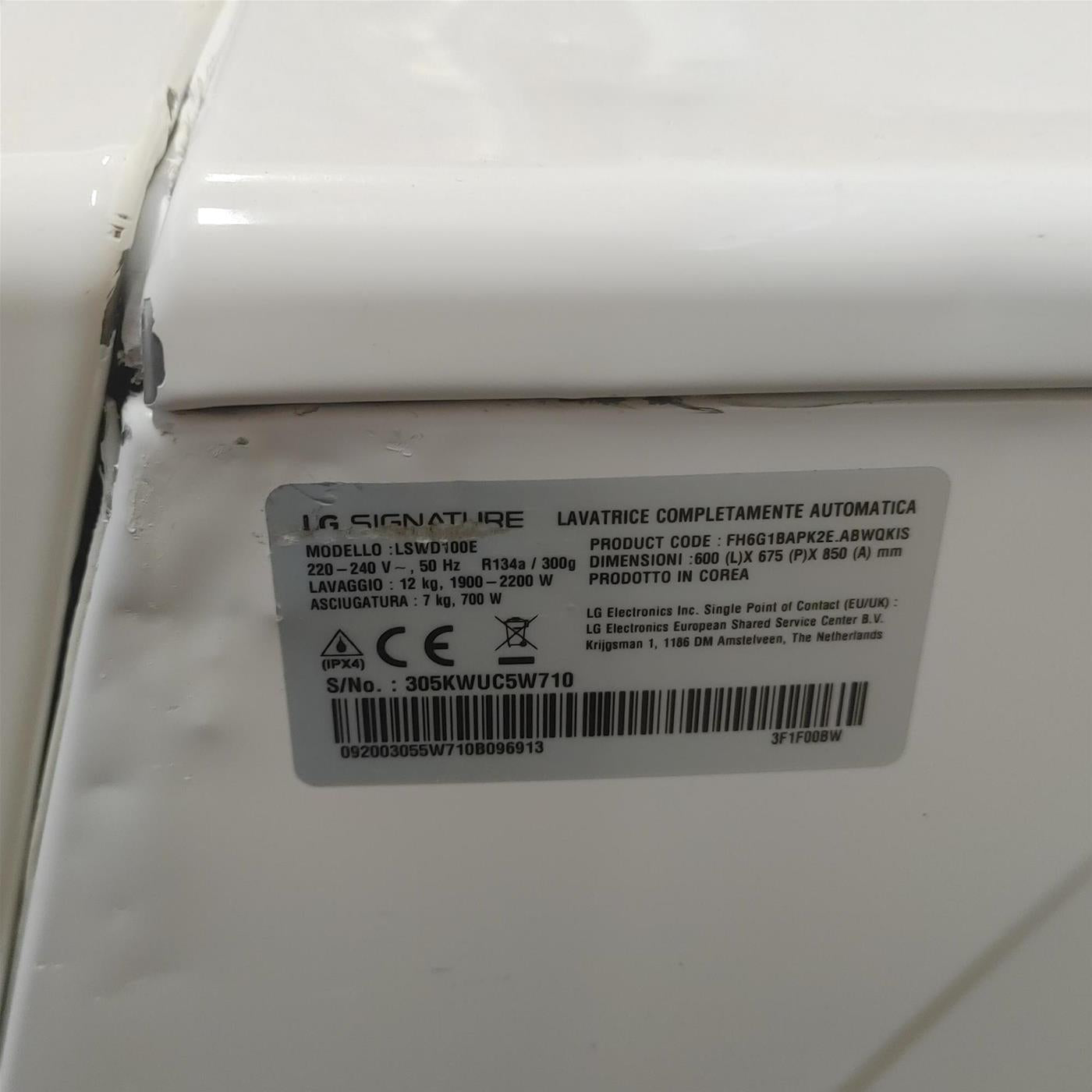 LG LSWD100E lavasciuga Libera installazione Caricamento frontale Bianco A