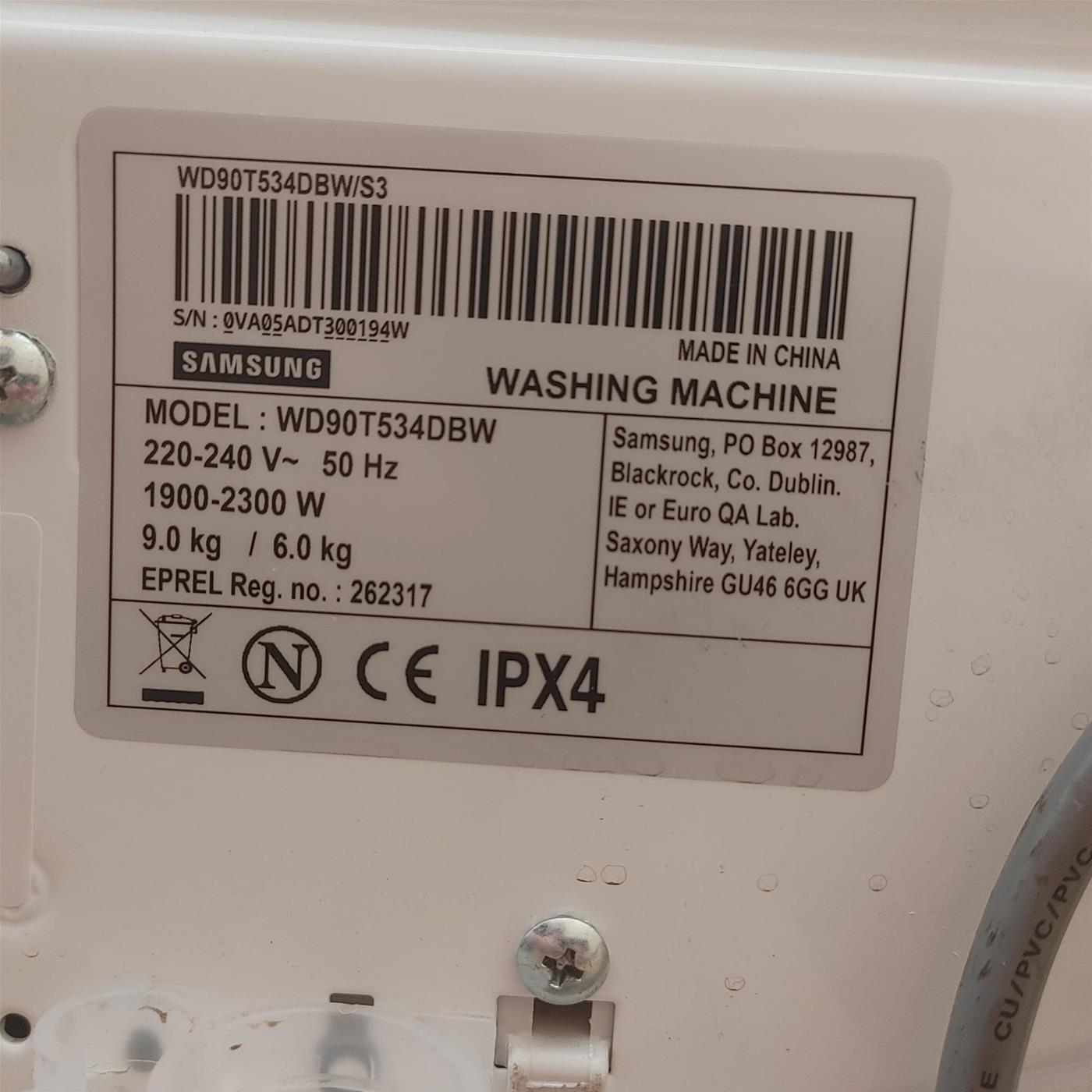 Samsung WD90T534DBW lavatrice asciugatrice Libera installazione Carica frontale Bianco E