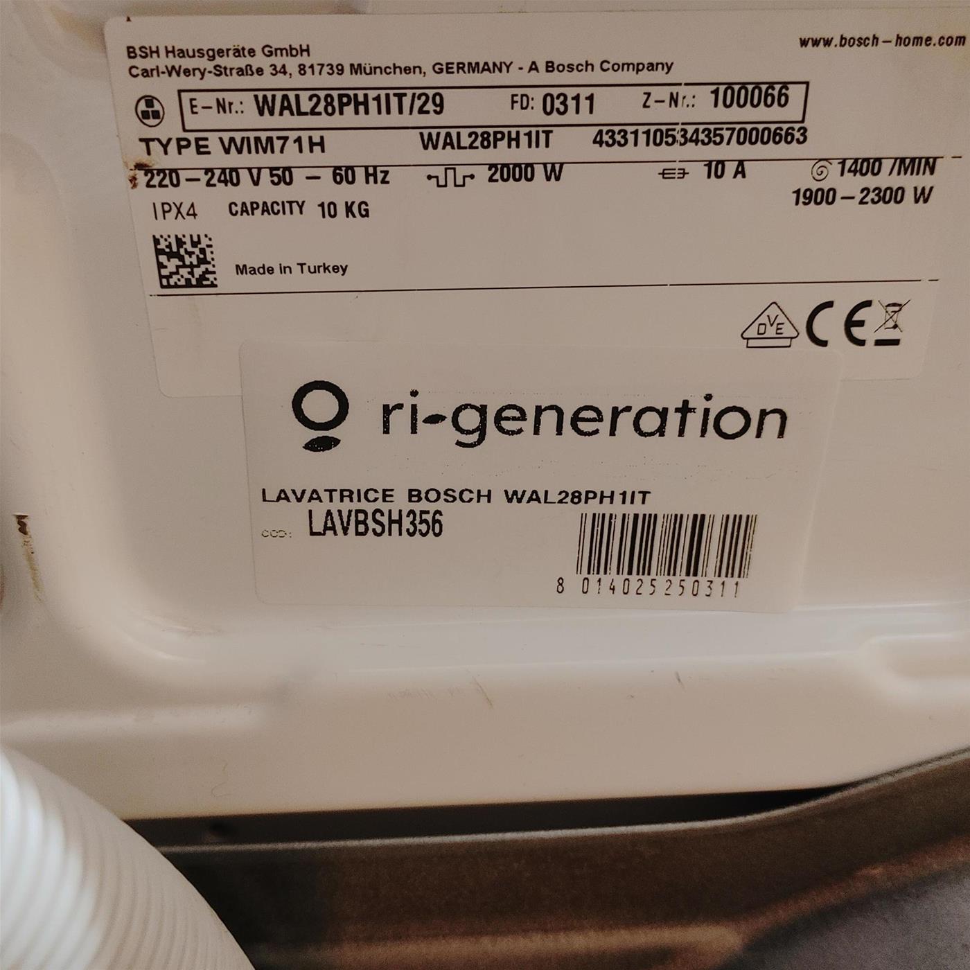 Lavatrice Bosch Serie 6 WAL28PH1IT Classe A 10 Kg